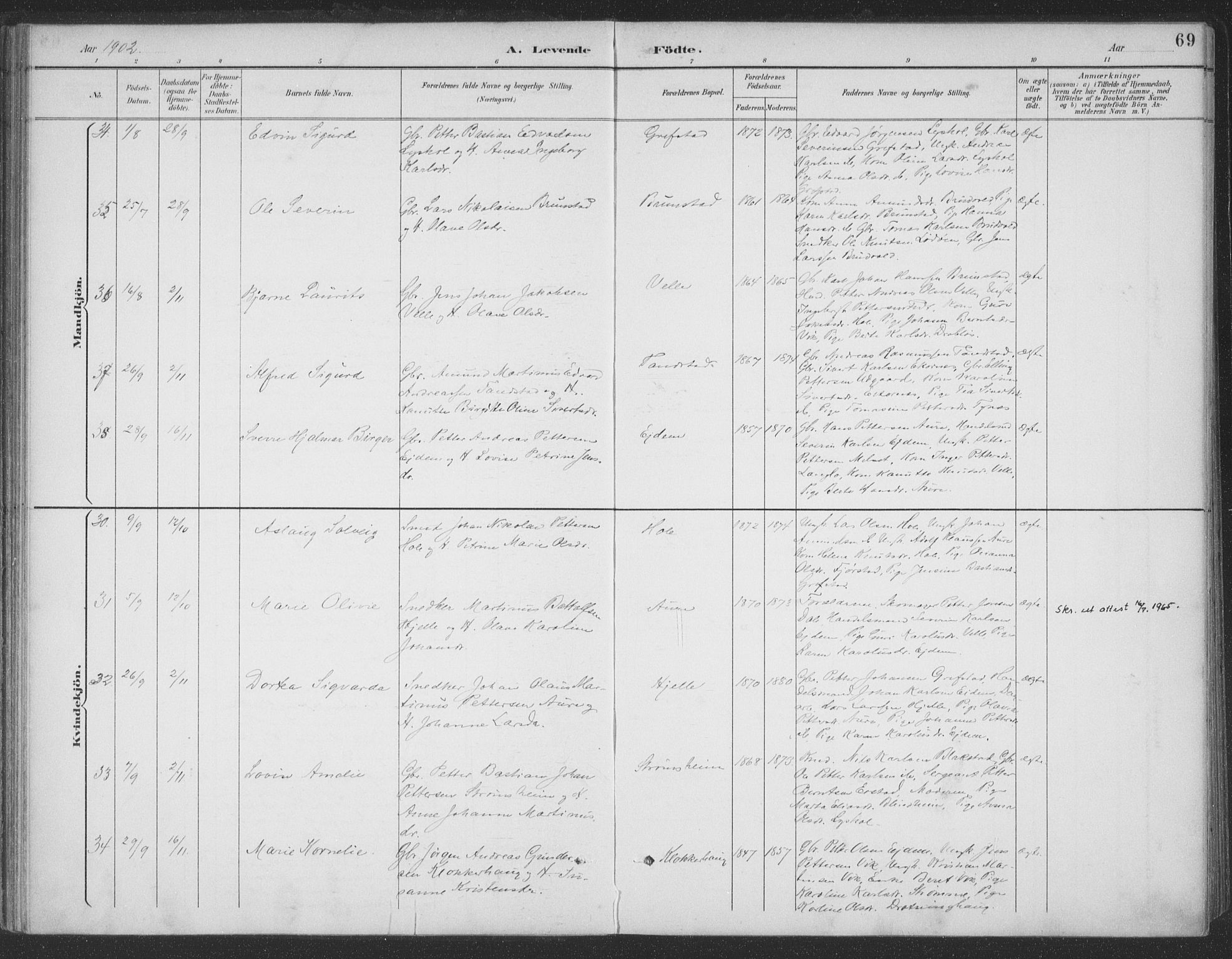 Ministerialprotokoller, klokkerbøker og fødselsregistre - Møre og Romsdal, SAT/A-1454/523/L0335: Parish register (official) no. 523A02, 1891-1911, p. 69