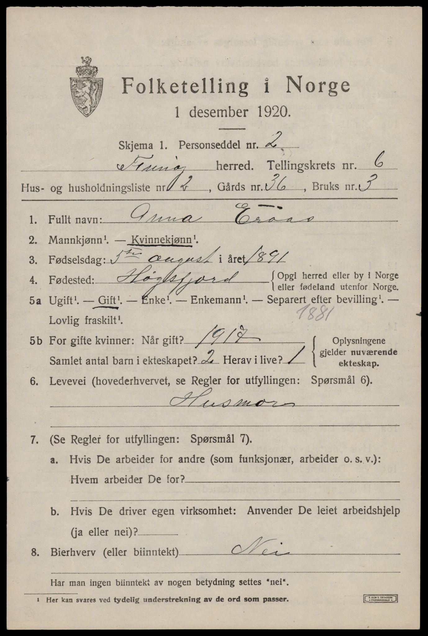 SAST, 1920 census for Finnøy, 1920, p. 3268