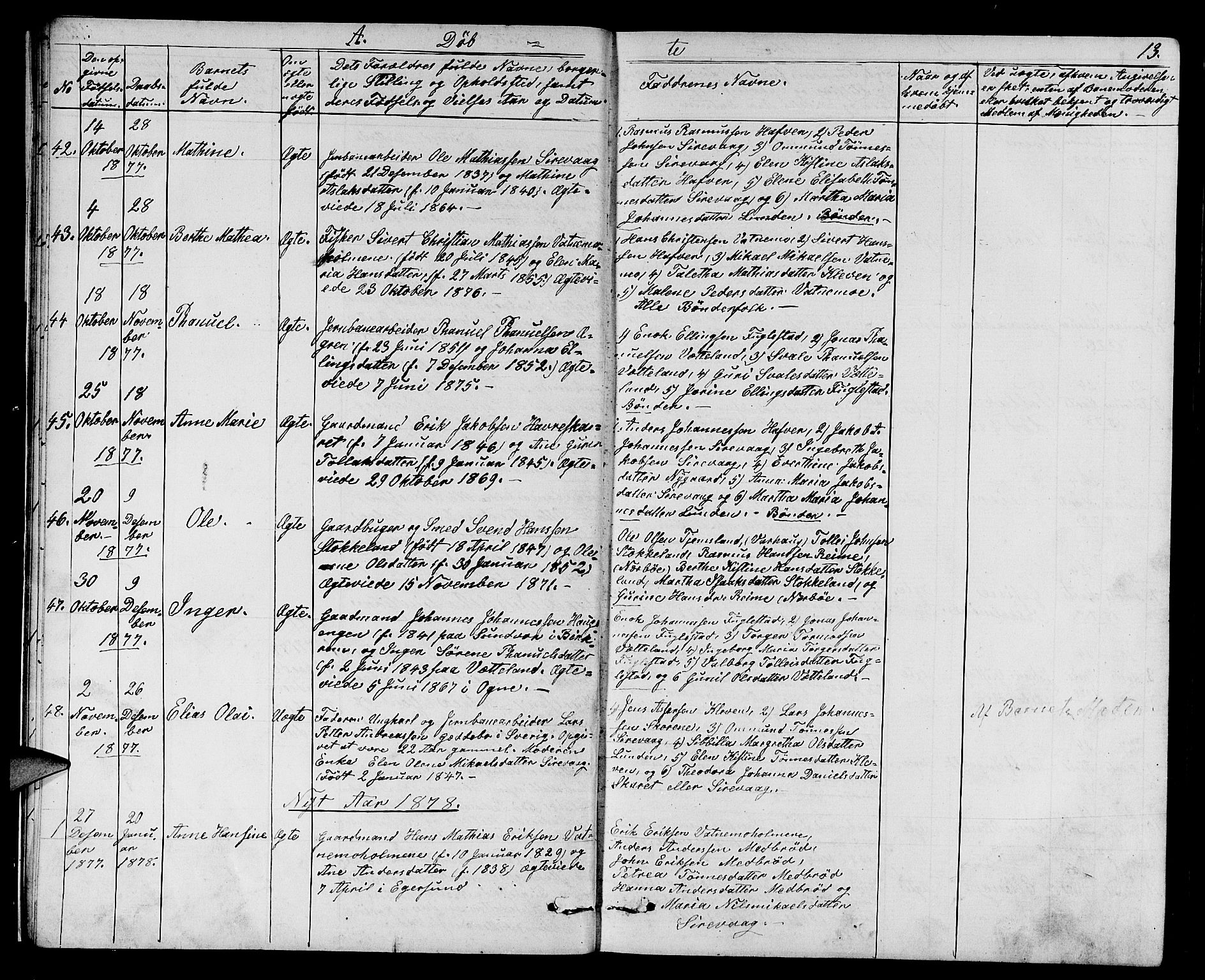 Eigersund sokneprestkontor, SAST/A-101807/S09/L0006: Parish register (copy) no. B 6, 1876-1889, p. 13