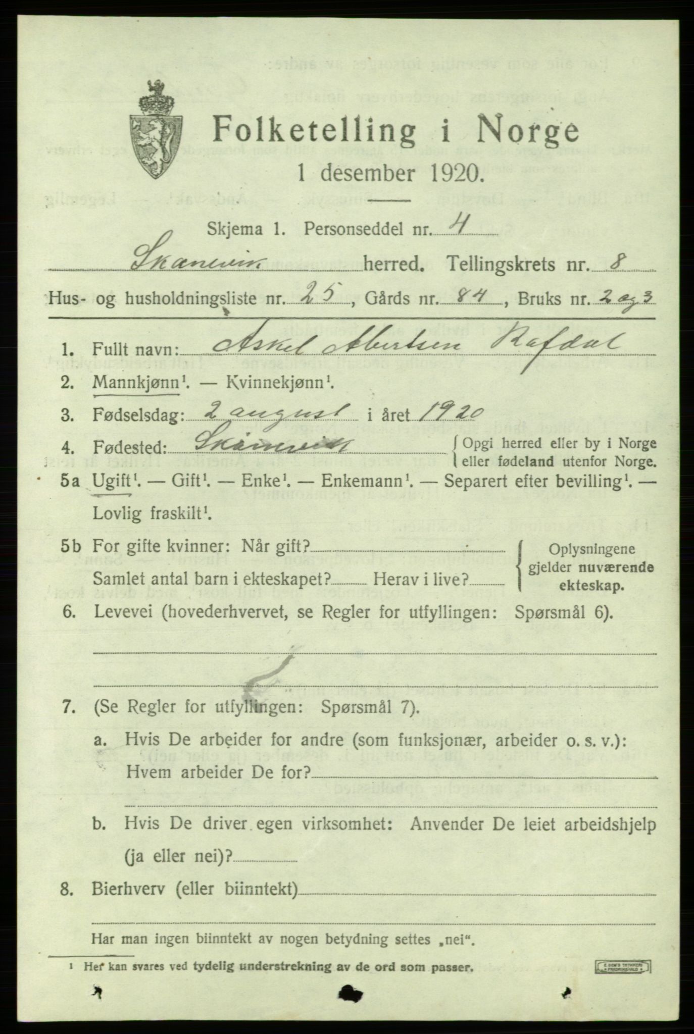 SAB, 1920 census for Skånevik, 1920, p. 4833