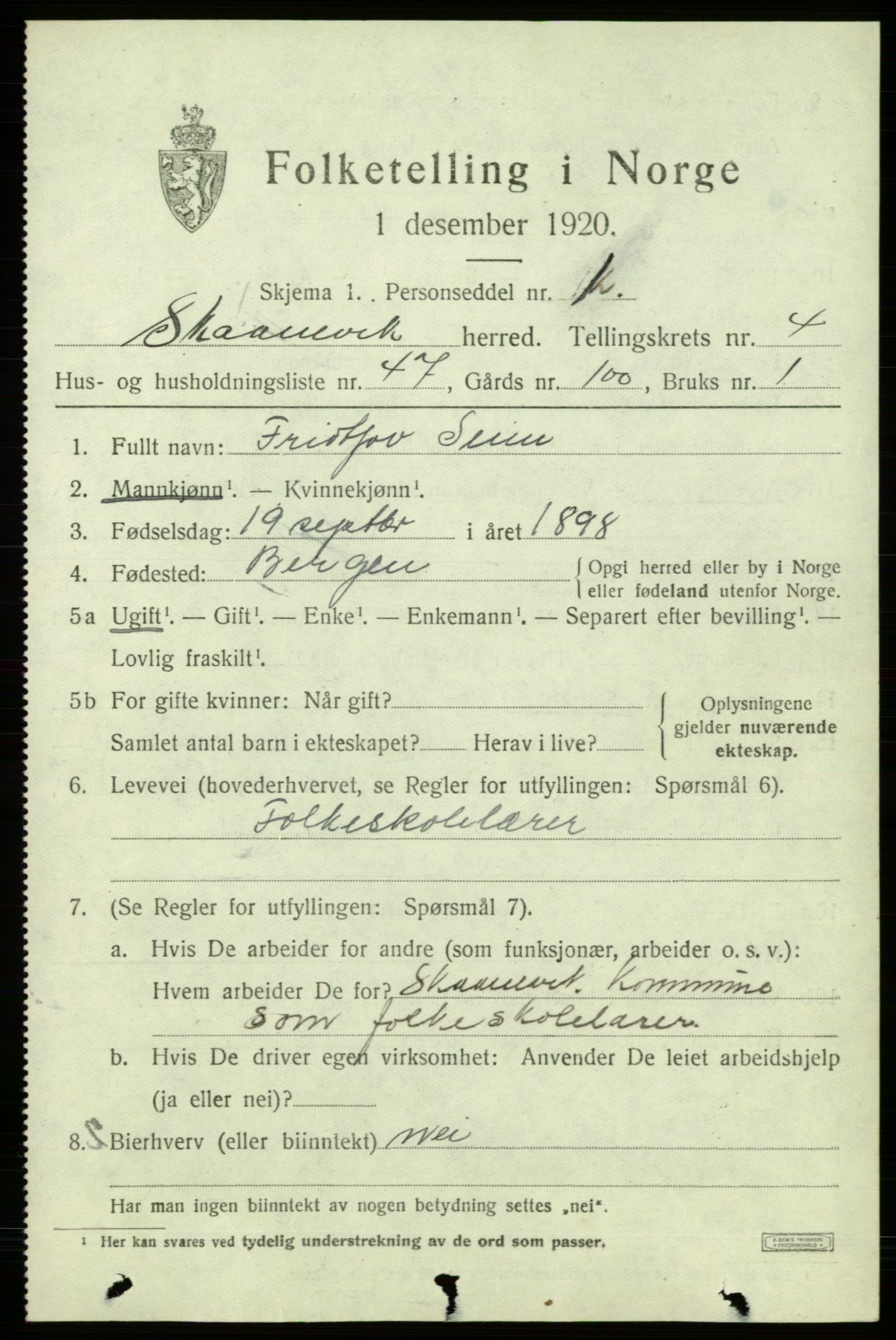 SAB, 1920 census for Skånevik, 1920, p. 3795