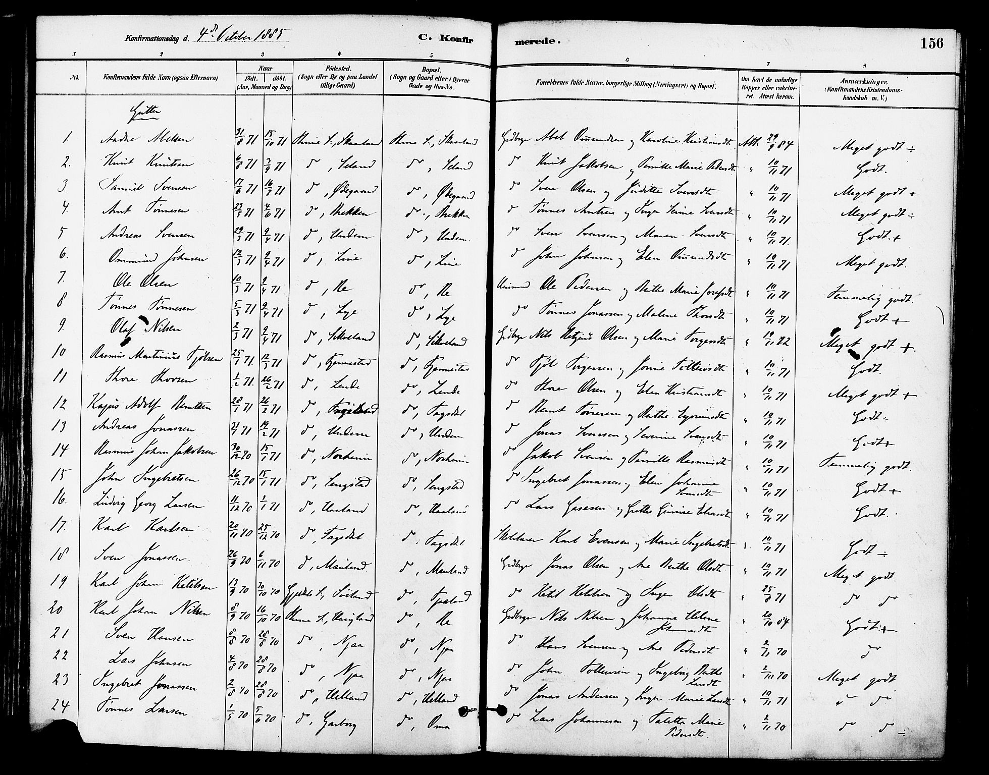 Lye sokneprestkontor, SAST/A-101794/001/30BA/L0009: Parish register (official) no. A 8, 1881-1892, p. 156