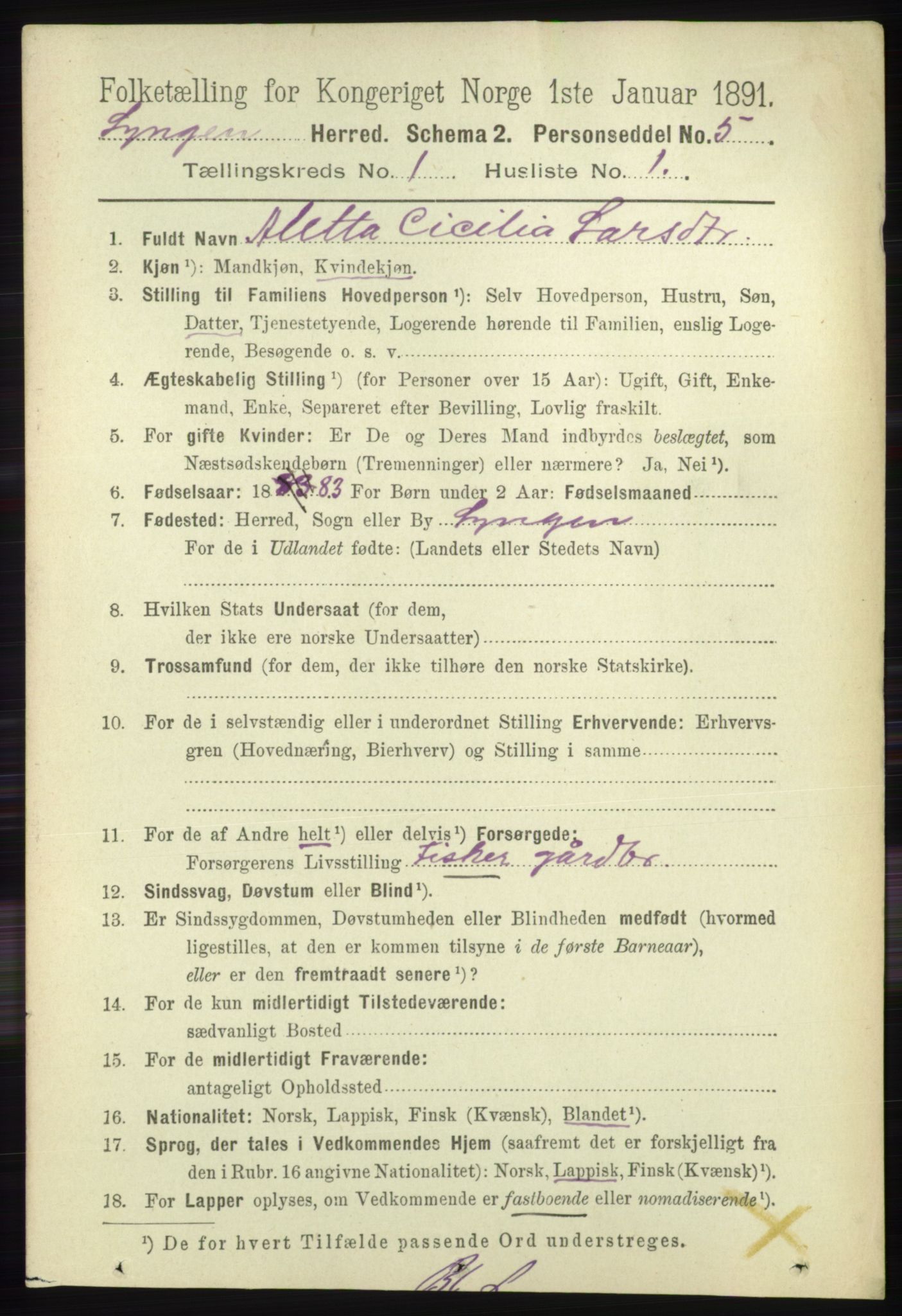 RA, 1891 census for 1938 Lyngen, 1891, p. 278