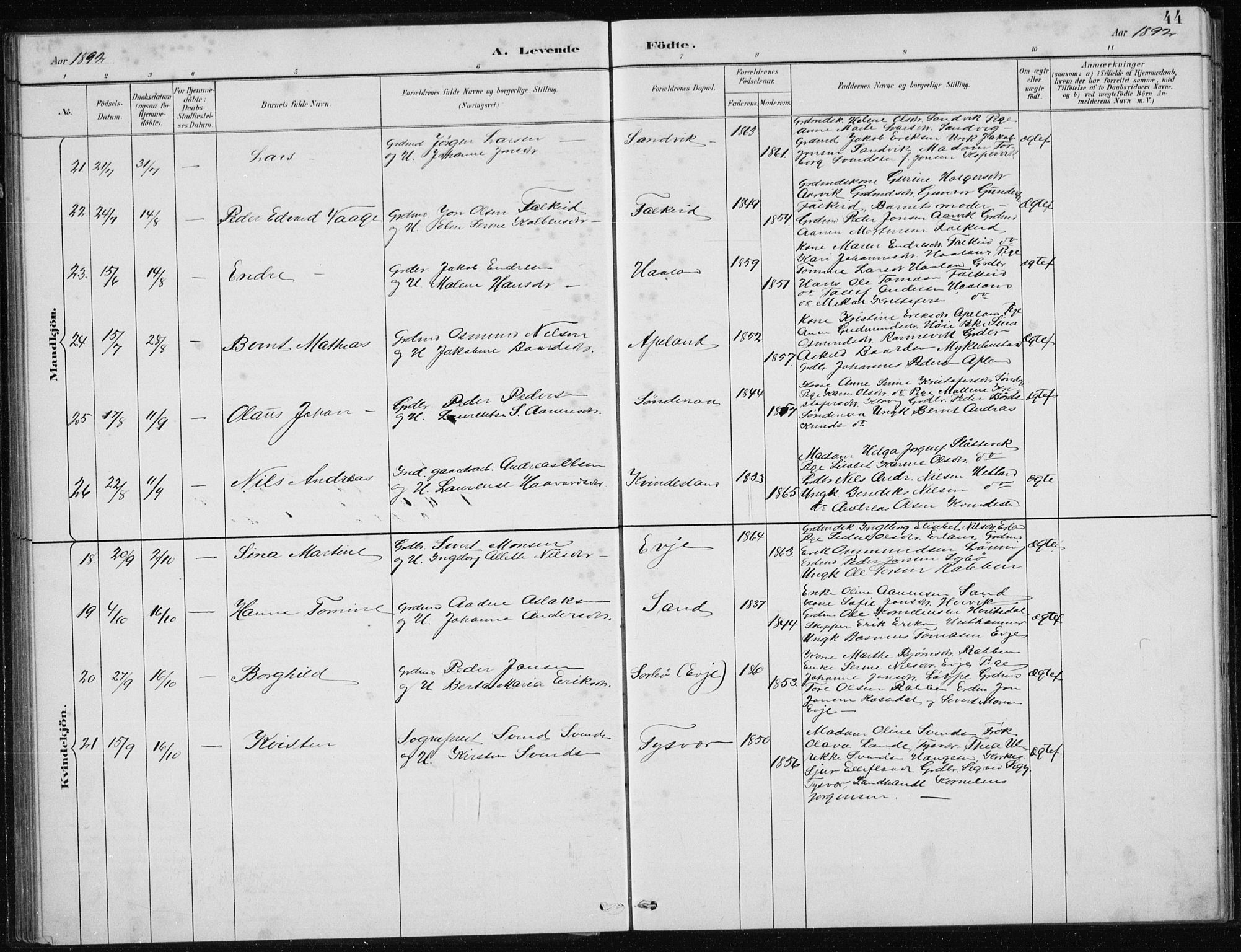 Tysvær sokneprestkontor, AV/SAST-A -101864/H/Ha/Hab/L0004: Parish register (copy) no. B 4, 1883-1896, p. 44