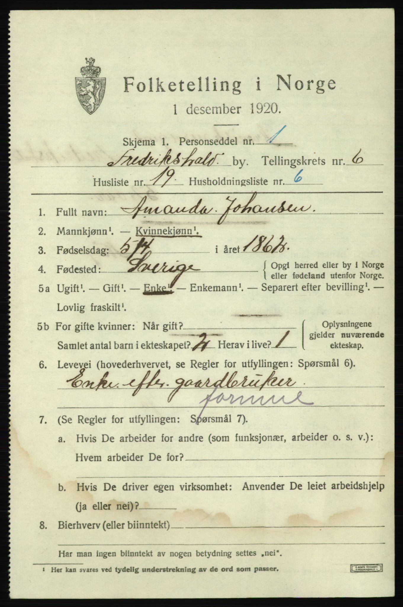 SAO, 1920 census for Fredrikshald, 1920, p. 13438