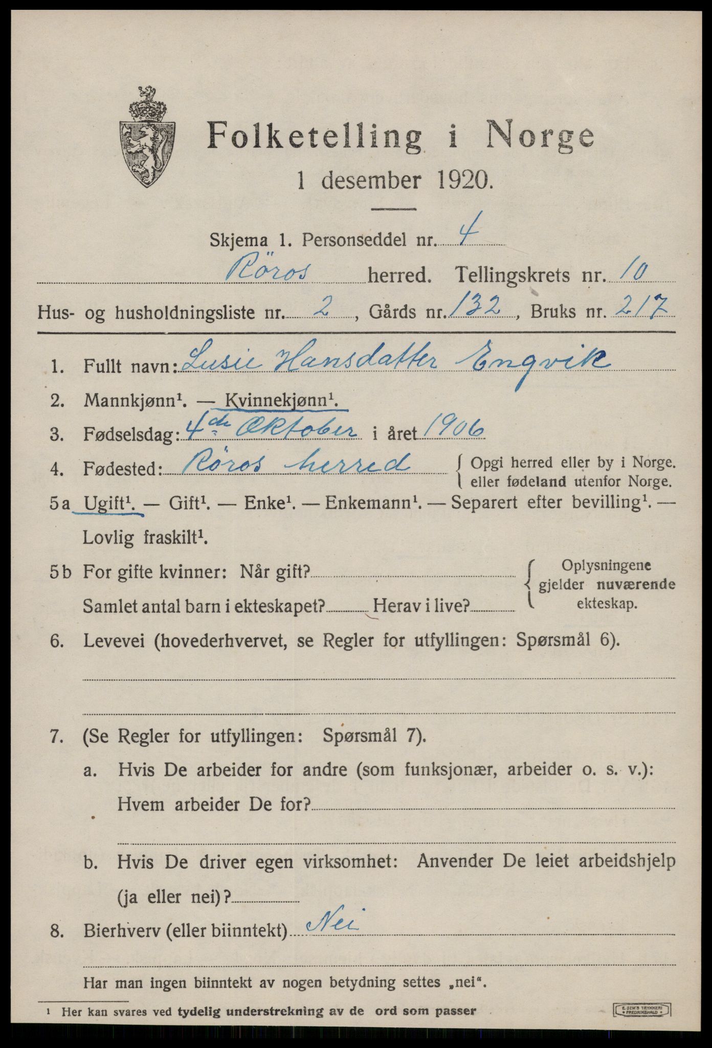 SAT, 1920 census for Røros, 1920, p. 8188