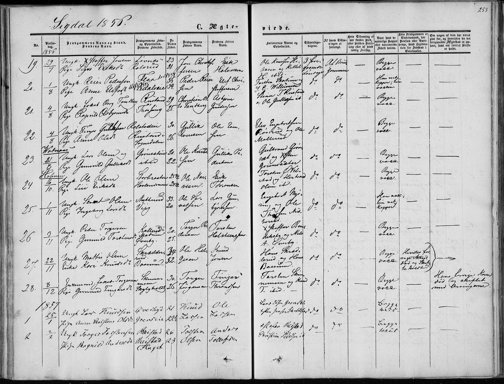 Sigdal kirkebøker, AV/SAKO-A-245/F/Fa/L0008: Parish register (official) no. I 8, 1850-1859, p. 253