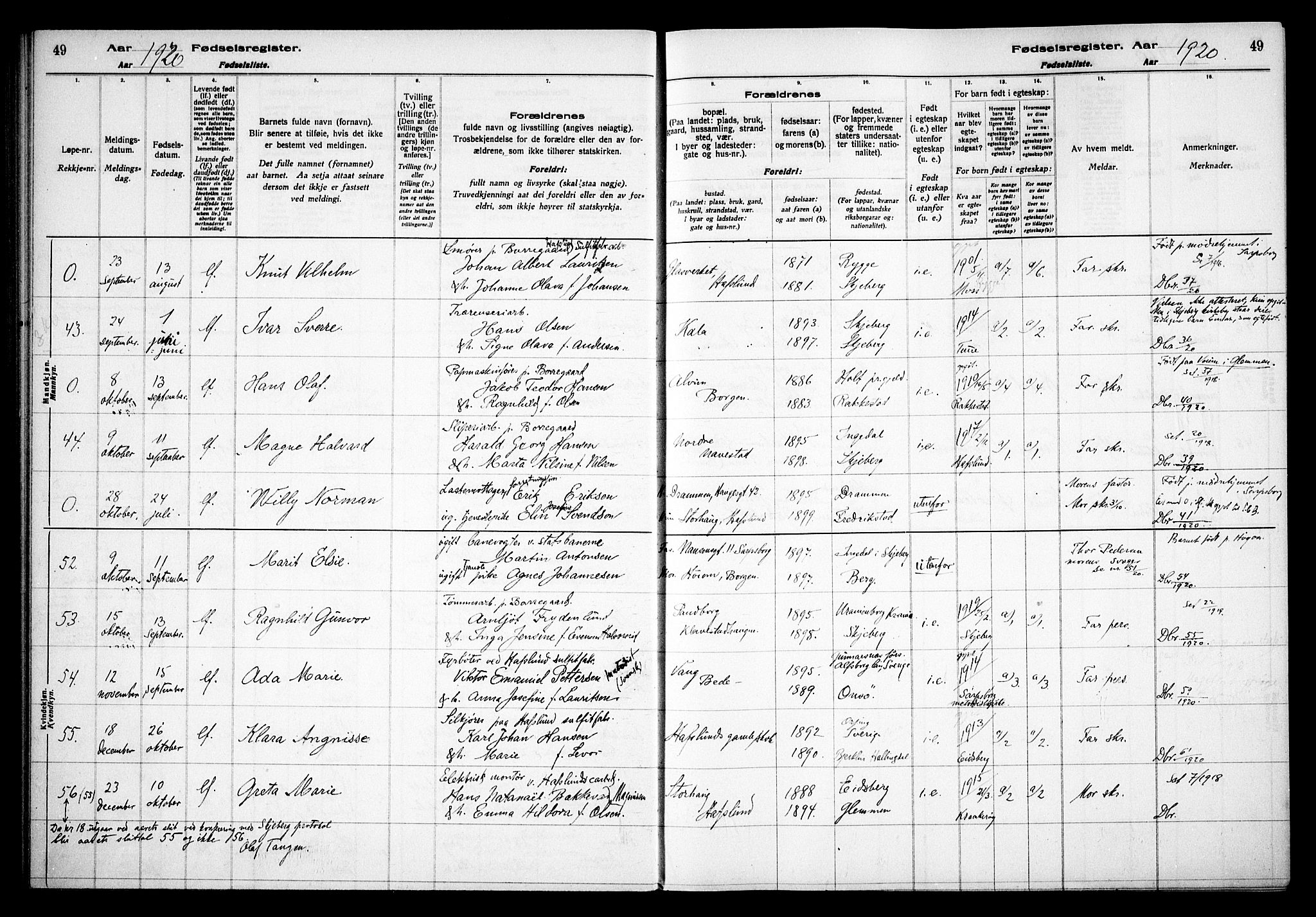 Skjeberg prestekontor Kirkebøker, AV/SAO-A-10923/J/Jd/L0001: Birth register no. IV 1, 1916-1935, p. 49