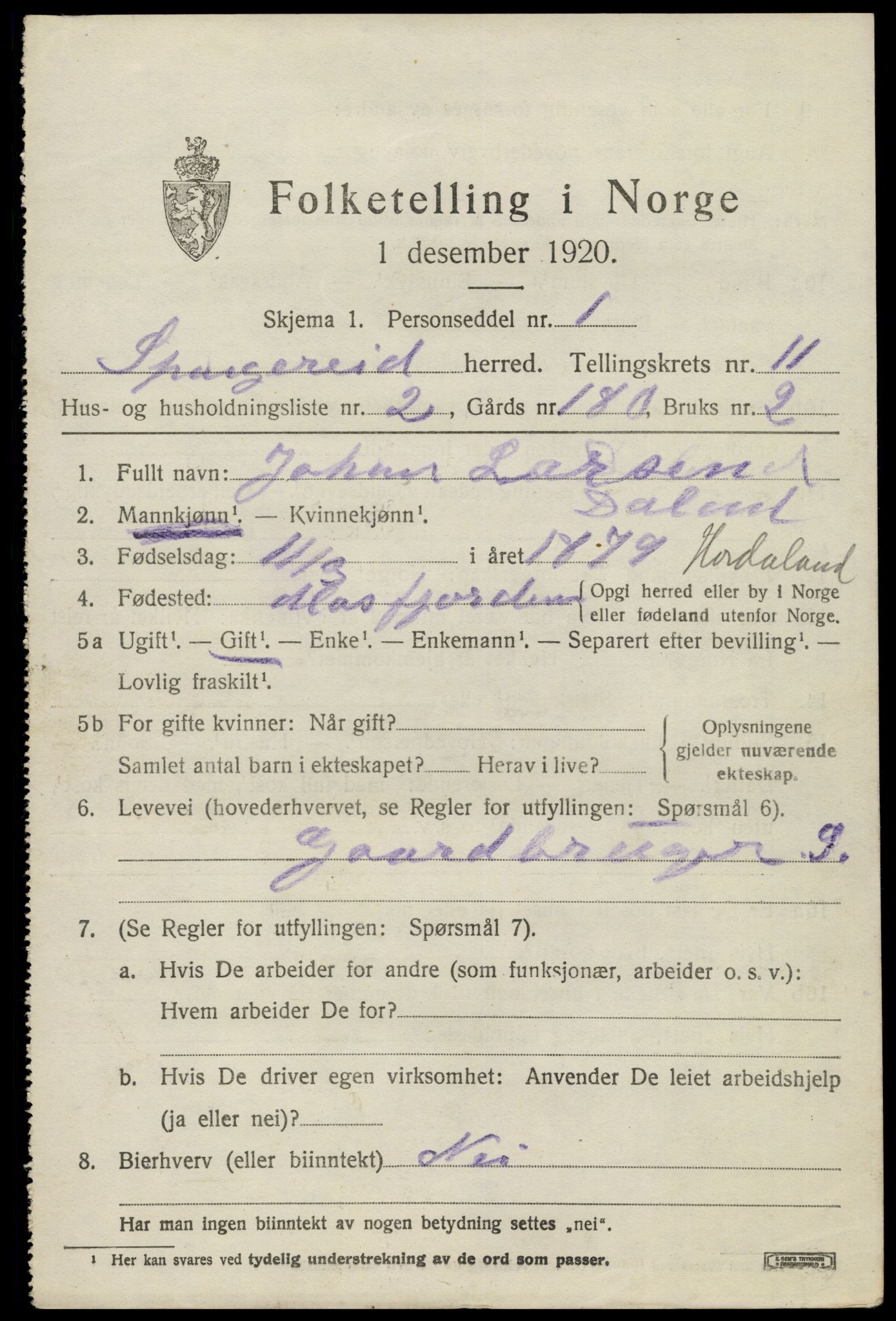 SAK, 1920 census for Spangereid, 1920, p. 3663