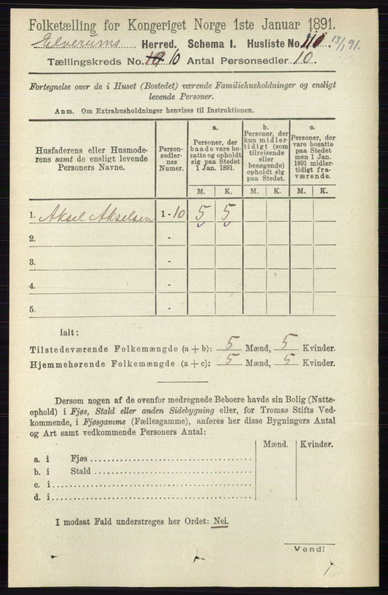 RA, 1891 census for 0427 Elverum, 1891, p. 8198