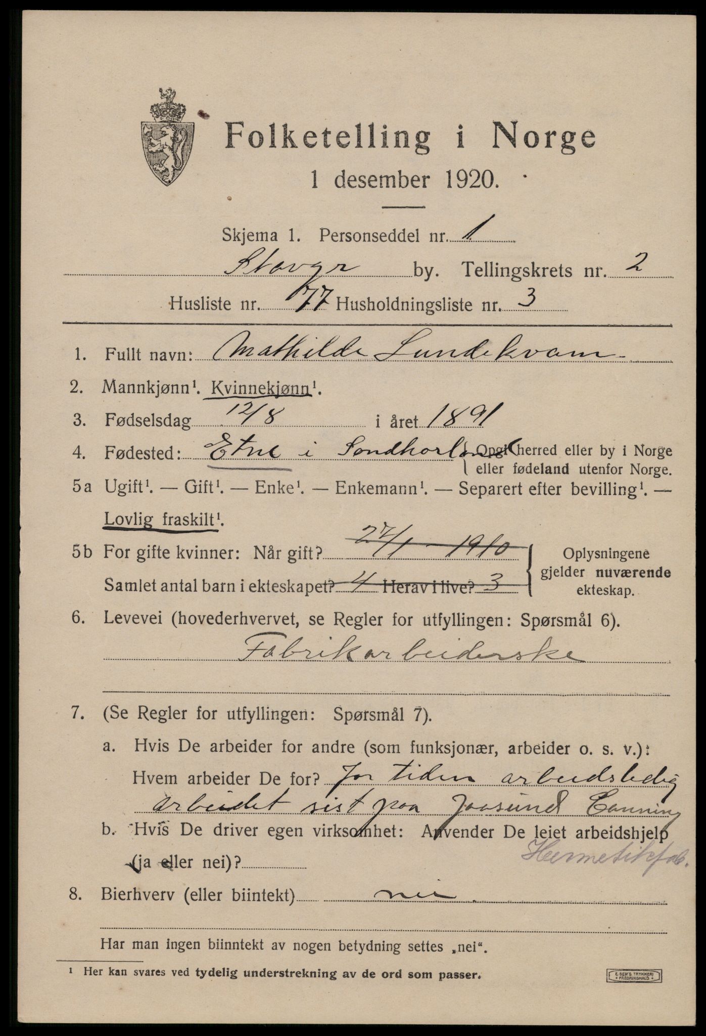 SAST, 1920 census for Stavanger, 1920, p. 34830