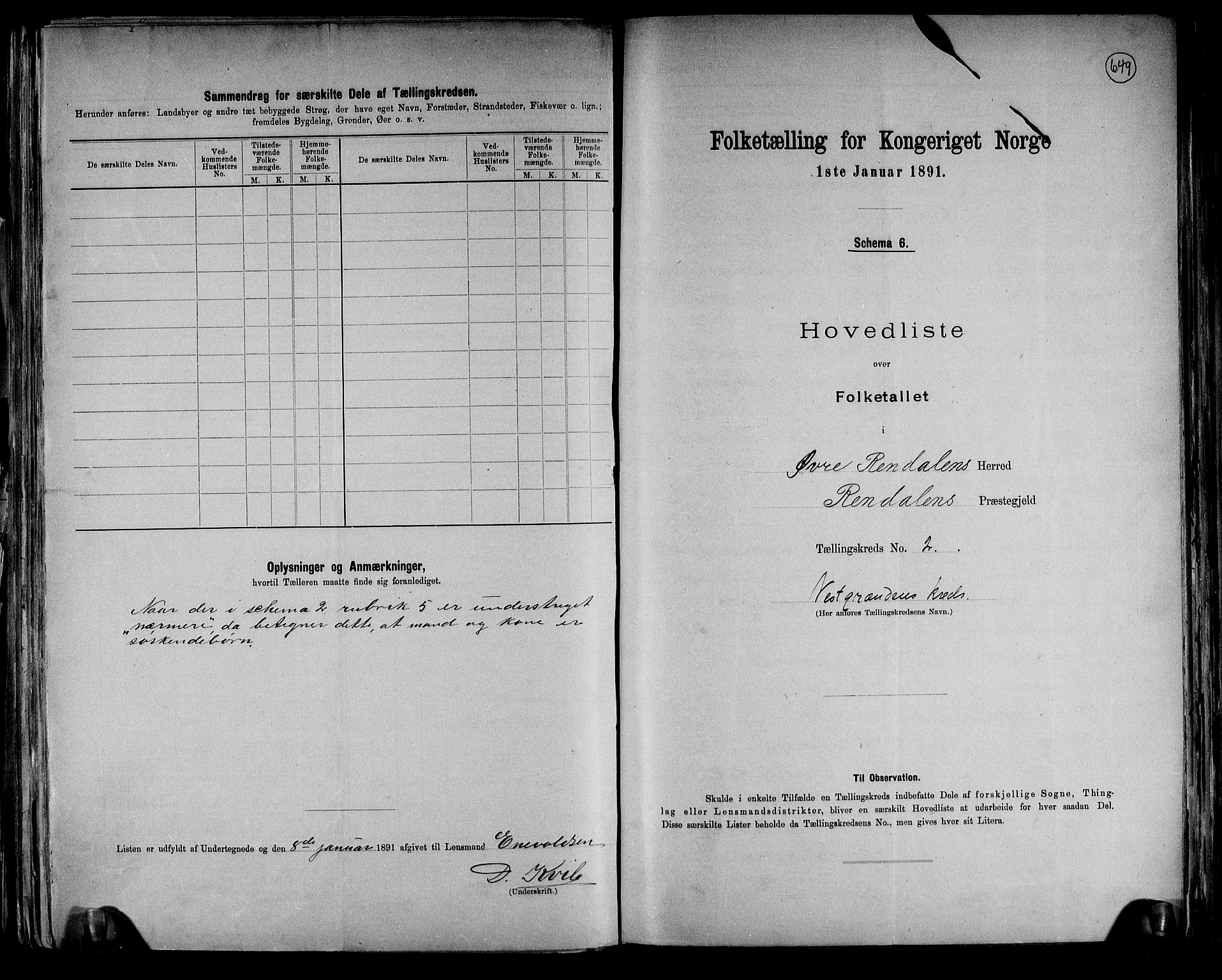 RA, 1891 census for 0433 Øvre Rendal, 1891, p. 5