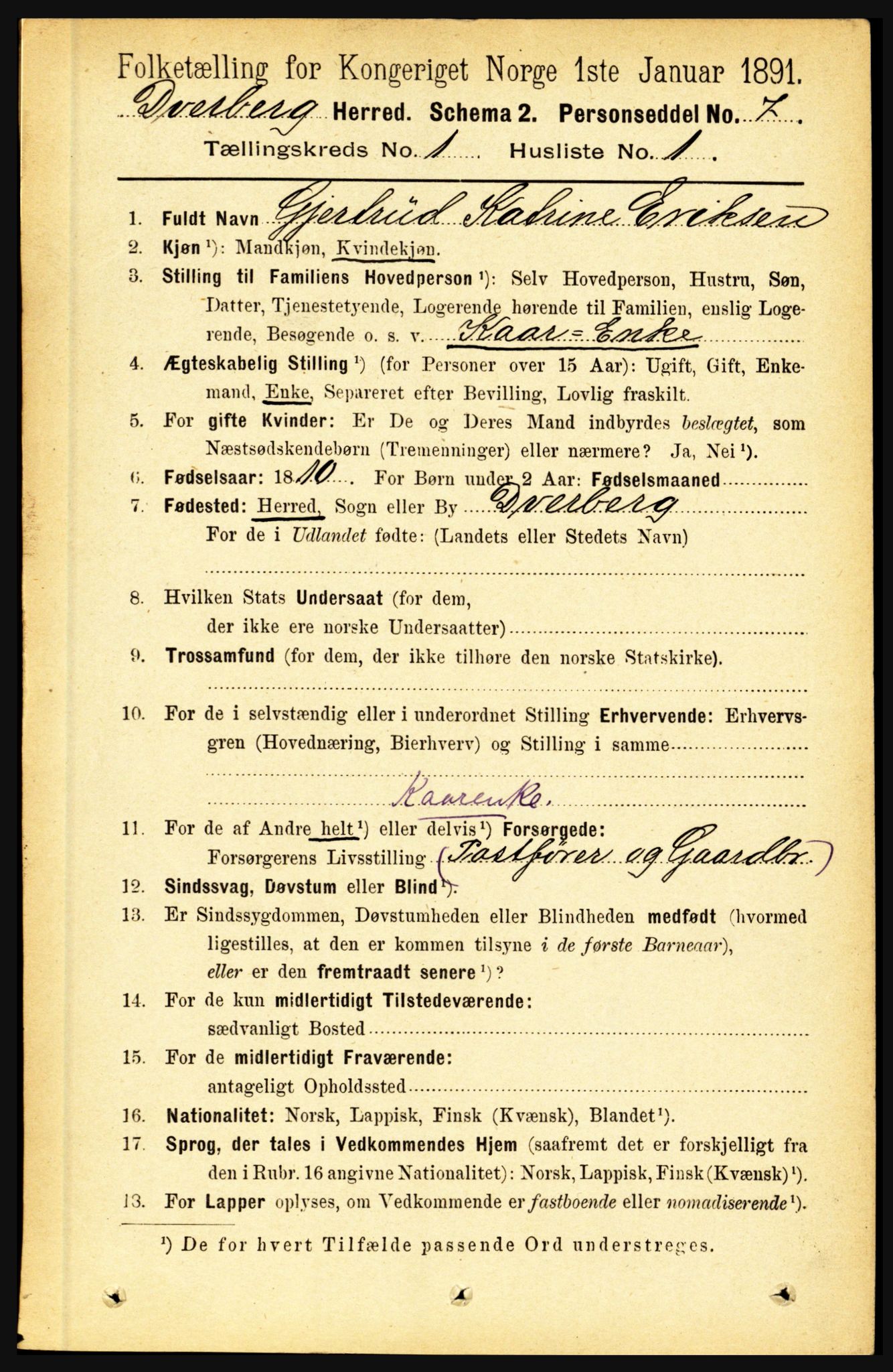 RA, 1891 census for 1872 Dverberg, 1891, p. 107