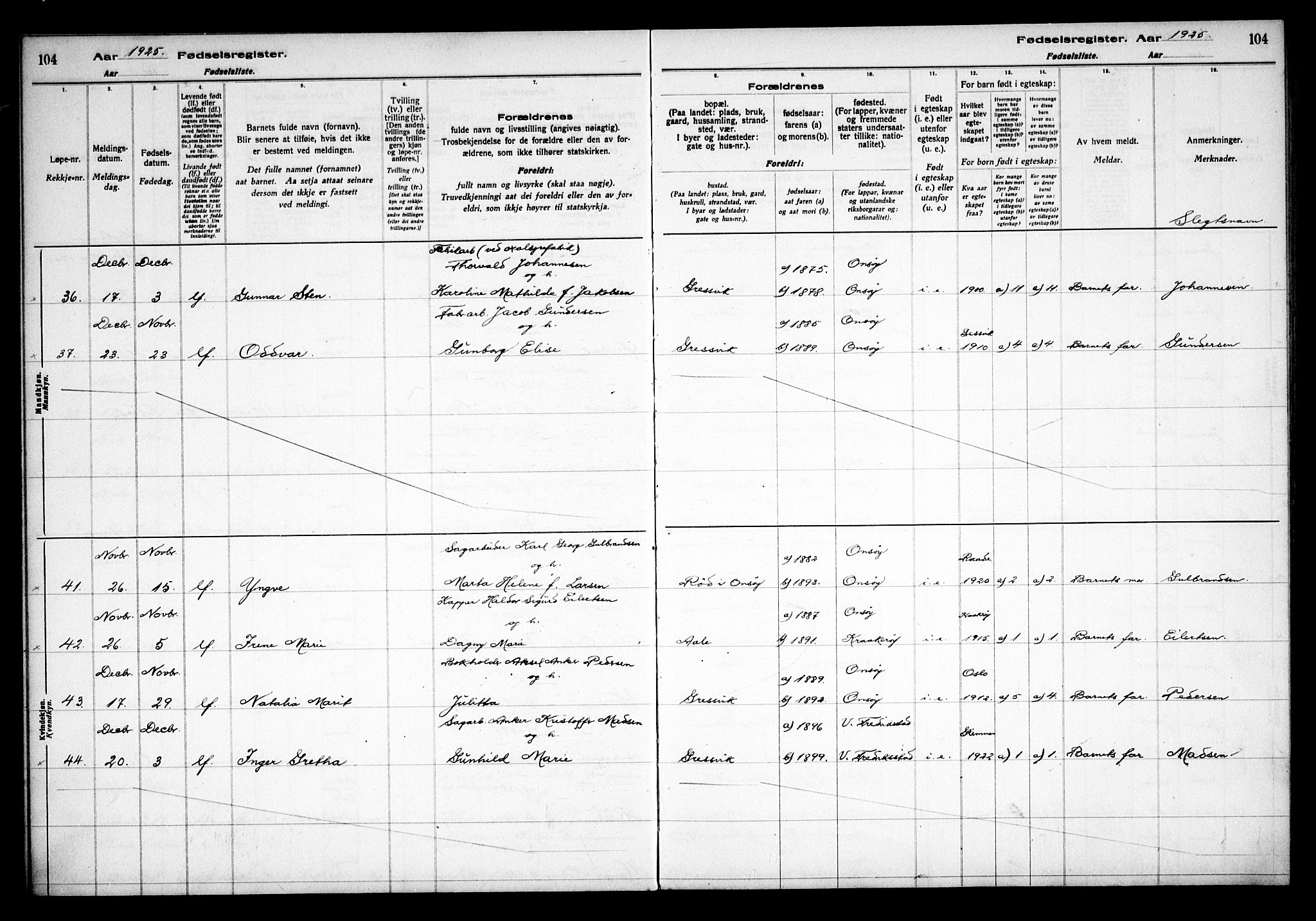 Onsøy prestekontor Kirkebøker, AV/SAO-A-10914/J/Jb/L0001: Birth register no. II 1, 1916-1938, p. 104