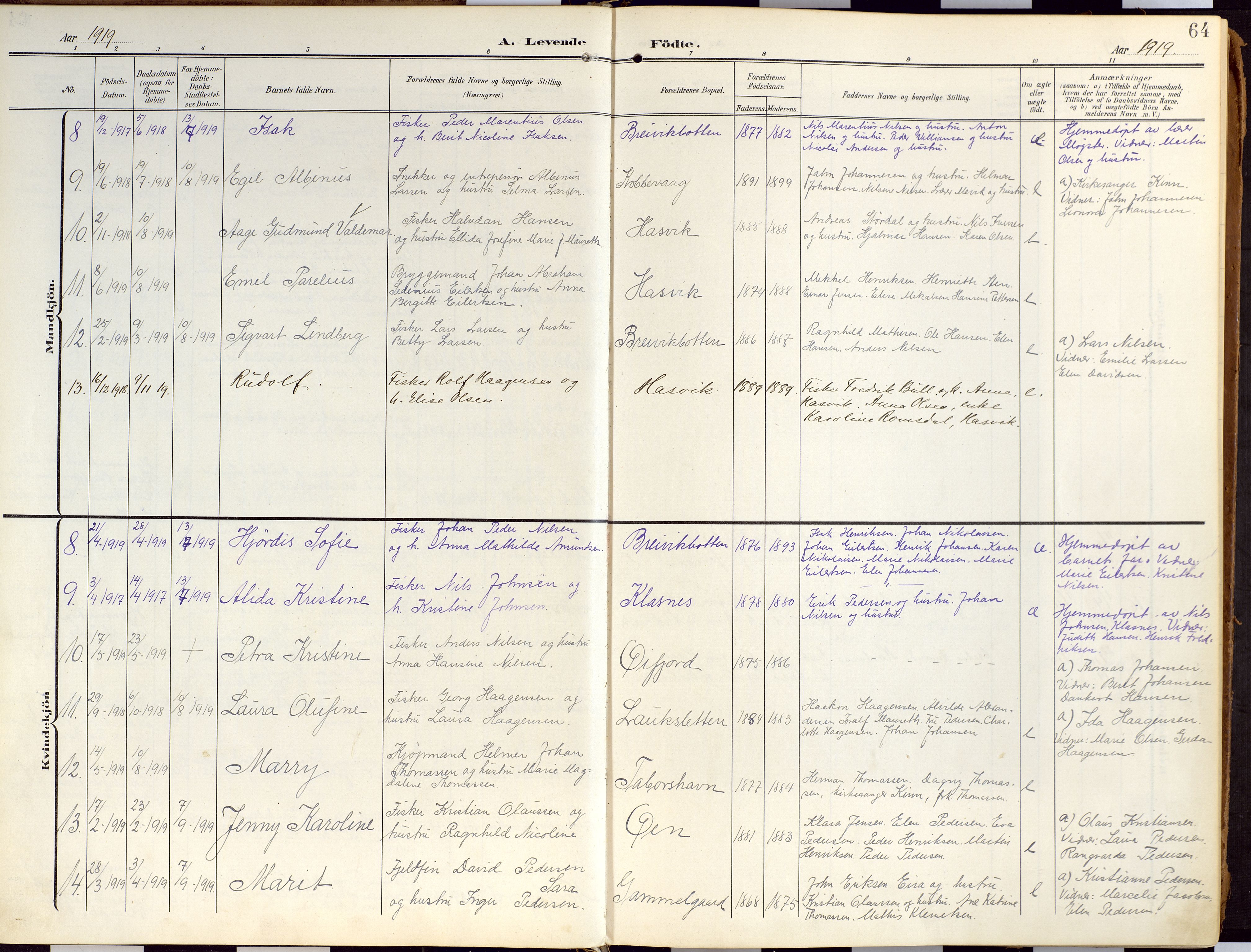 Loppa sokneprestkontor, SATØ/S-1339/H/Ha/L0010kirke: Parish register (official) no. 10, 1907-1922, p. 64