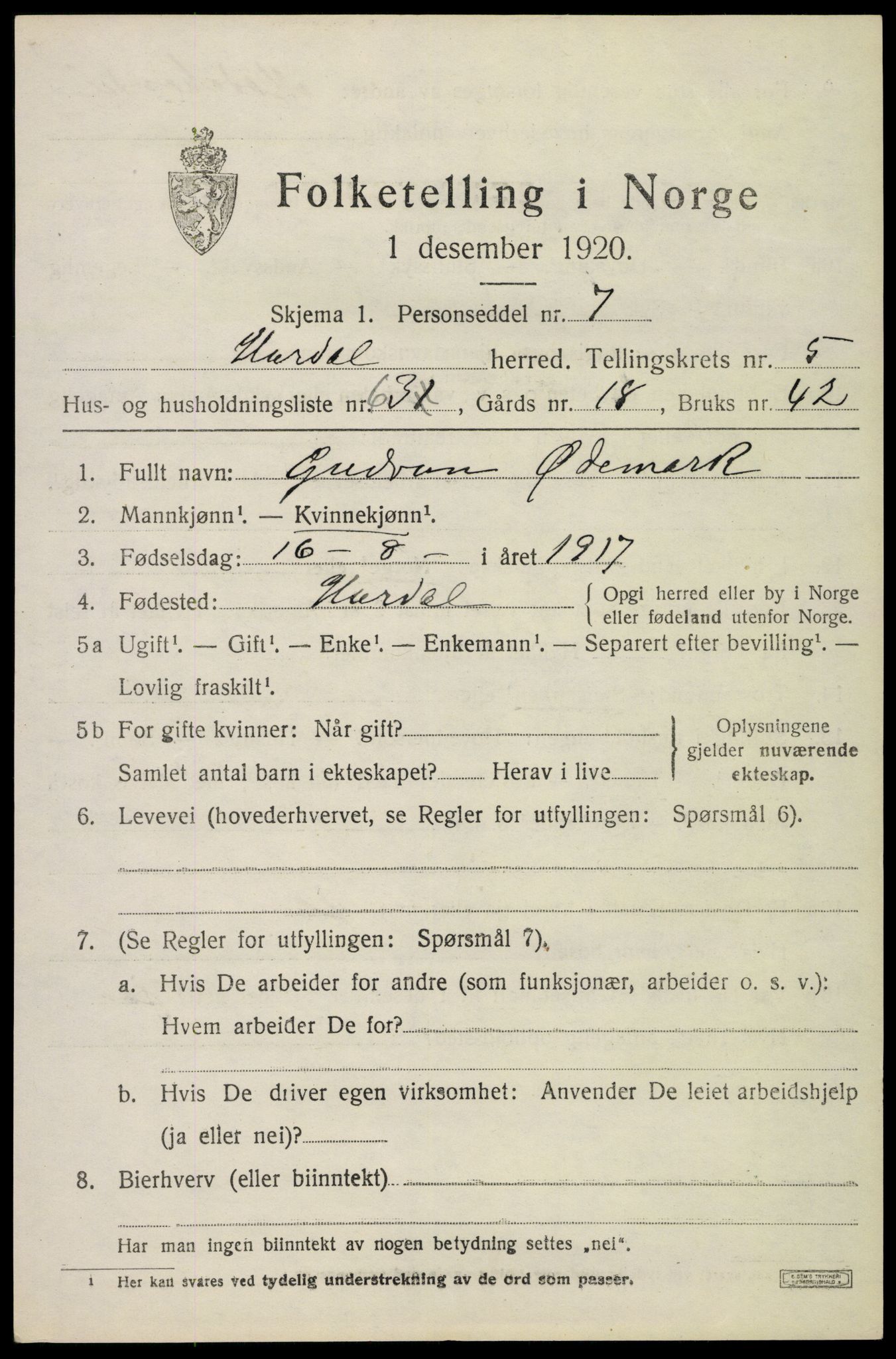 SAO, 1920 census for Hurdal, 1920, p. 3614