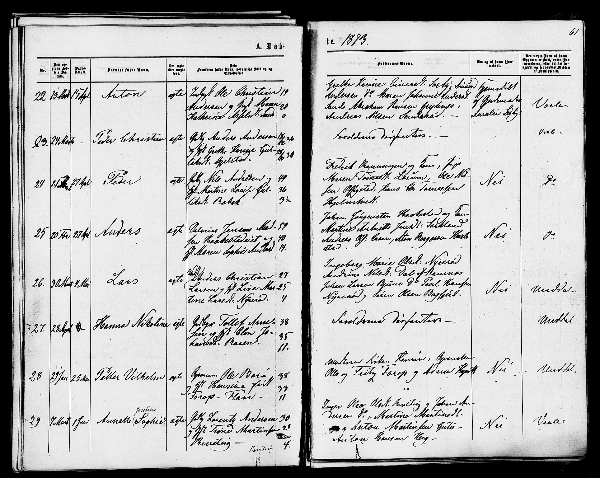 Våle kirkebøker, AV/SAKO-A-334/F/Fa/L0010: Parish register (official) no. I 10, 1861-1877, p. 61