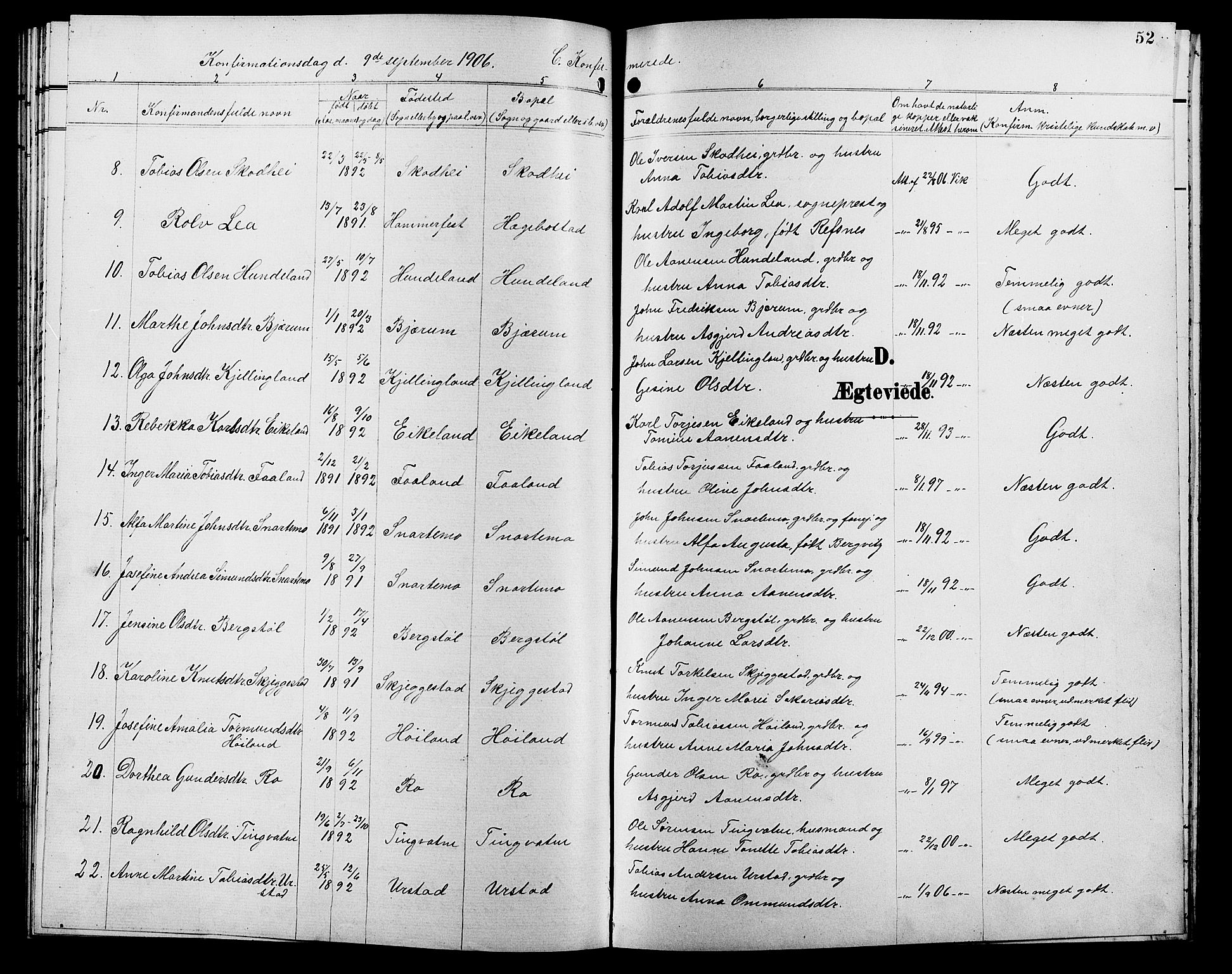 Hægebostad sokneprestkontor, SAK/1111-0024/F/Fb/Fba/L0004: Parish register (copy) no. B 4, 1897-1907, p. 52