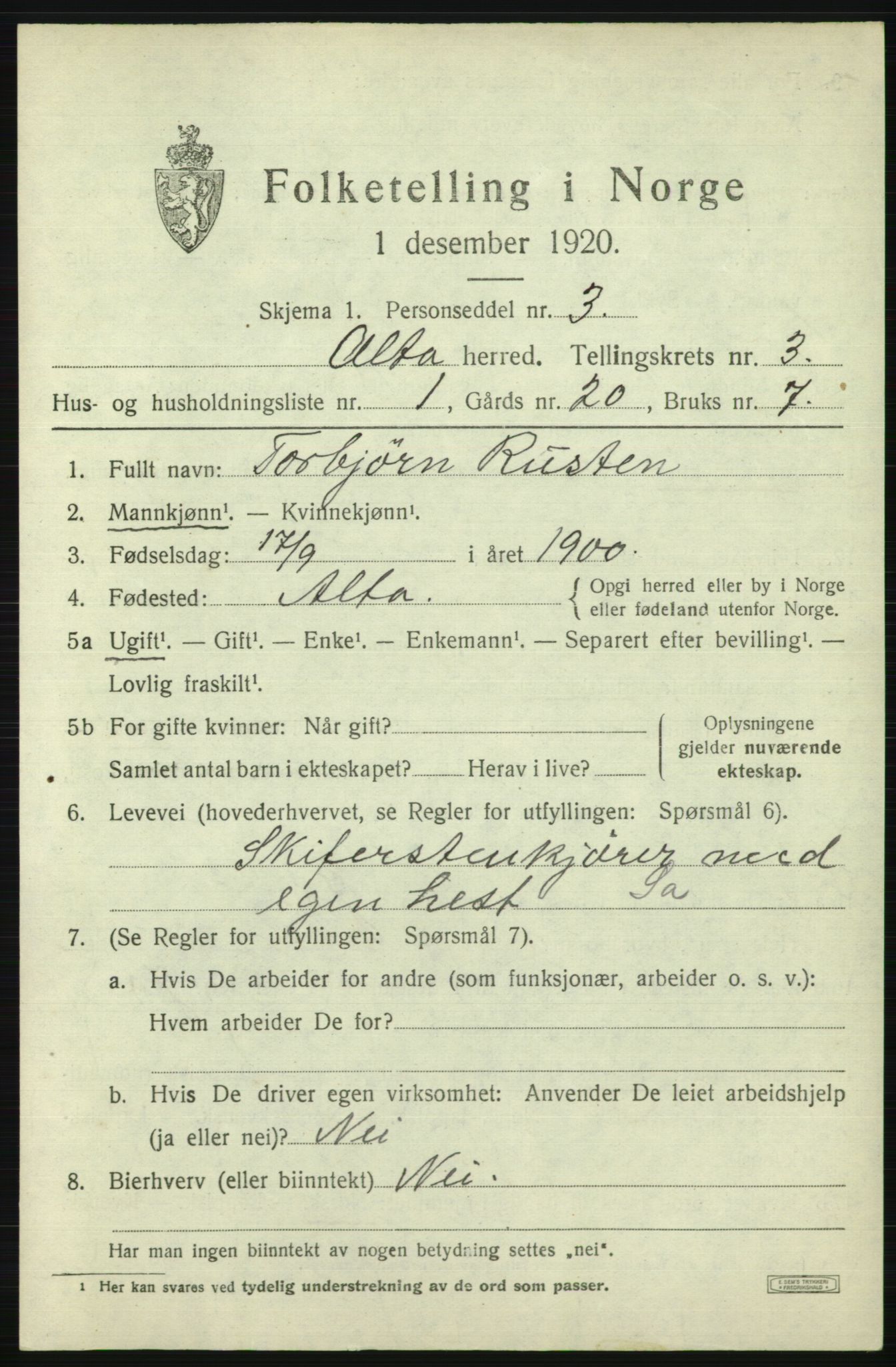 SATØ, 1920 census for Alta, 1920, p. 2277