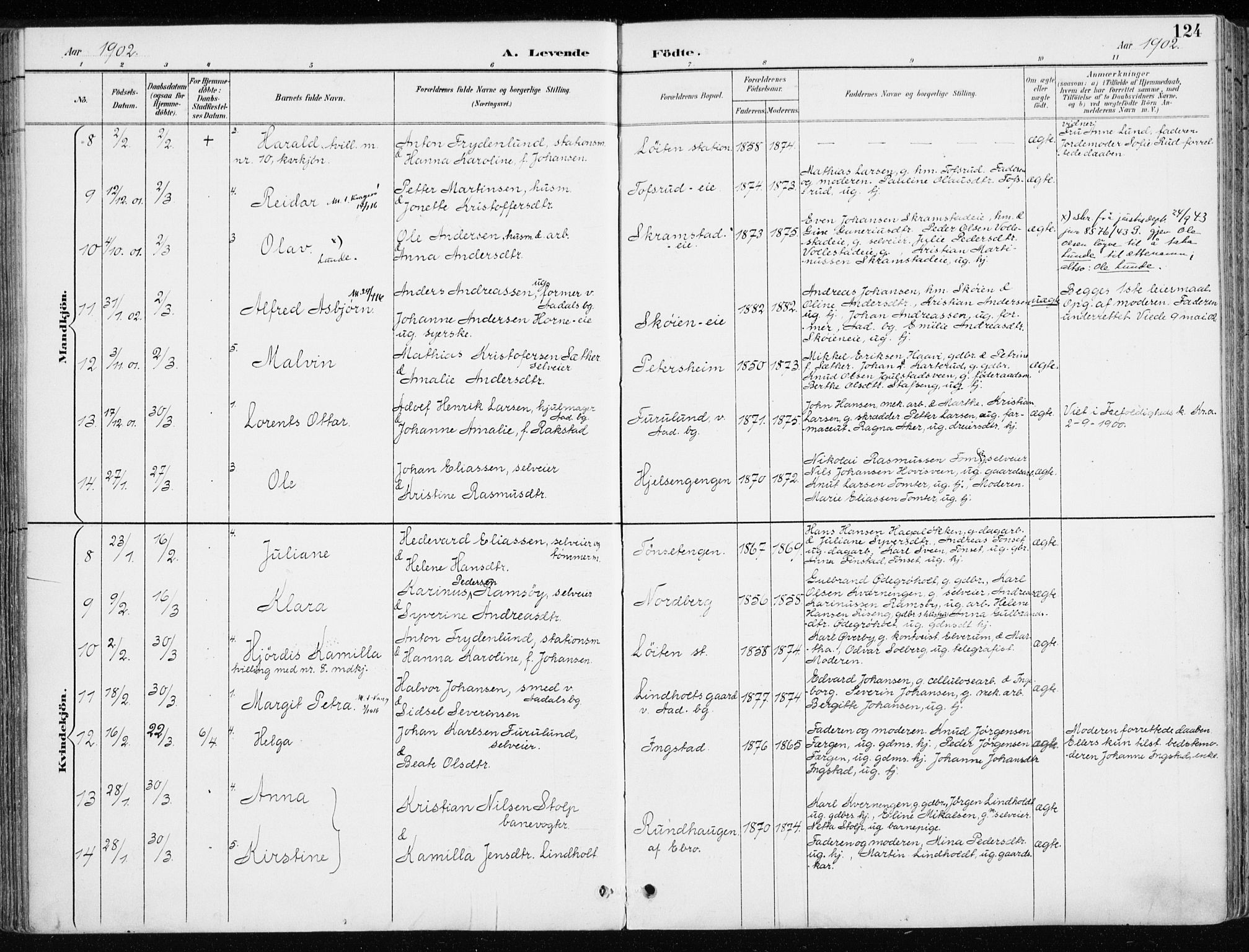 Løten prestekontor, AV/SAH-PREST-022/K/Ka/L0010: Parish register (official) no. 10, 1892-1907, p. 124