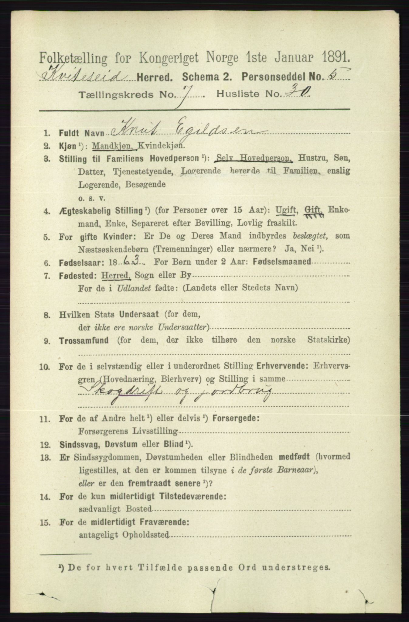 RA, 1891 census for 0829 Kviteseid, 1891, p. 1530