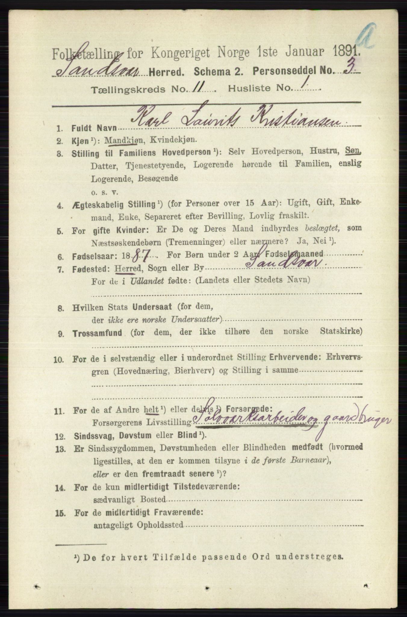 RA, 1891 census for 0629 Sandsvær, 1891, p. 5486