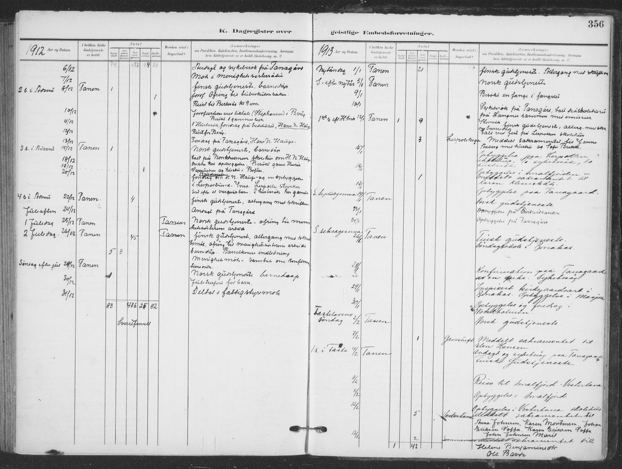 Tana sokneprestkontor, AV/SATØ-S-1334/H/Ha/L0007kirke: Parish register (official) no. 7, 1904-1918, p. 356