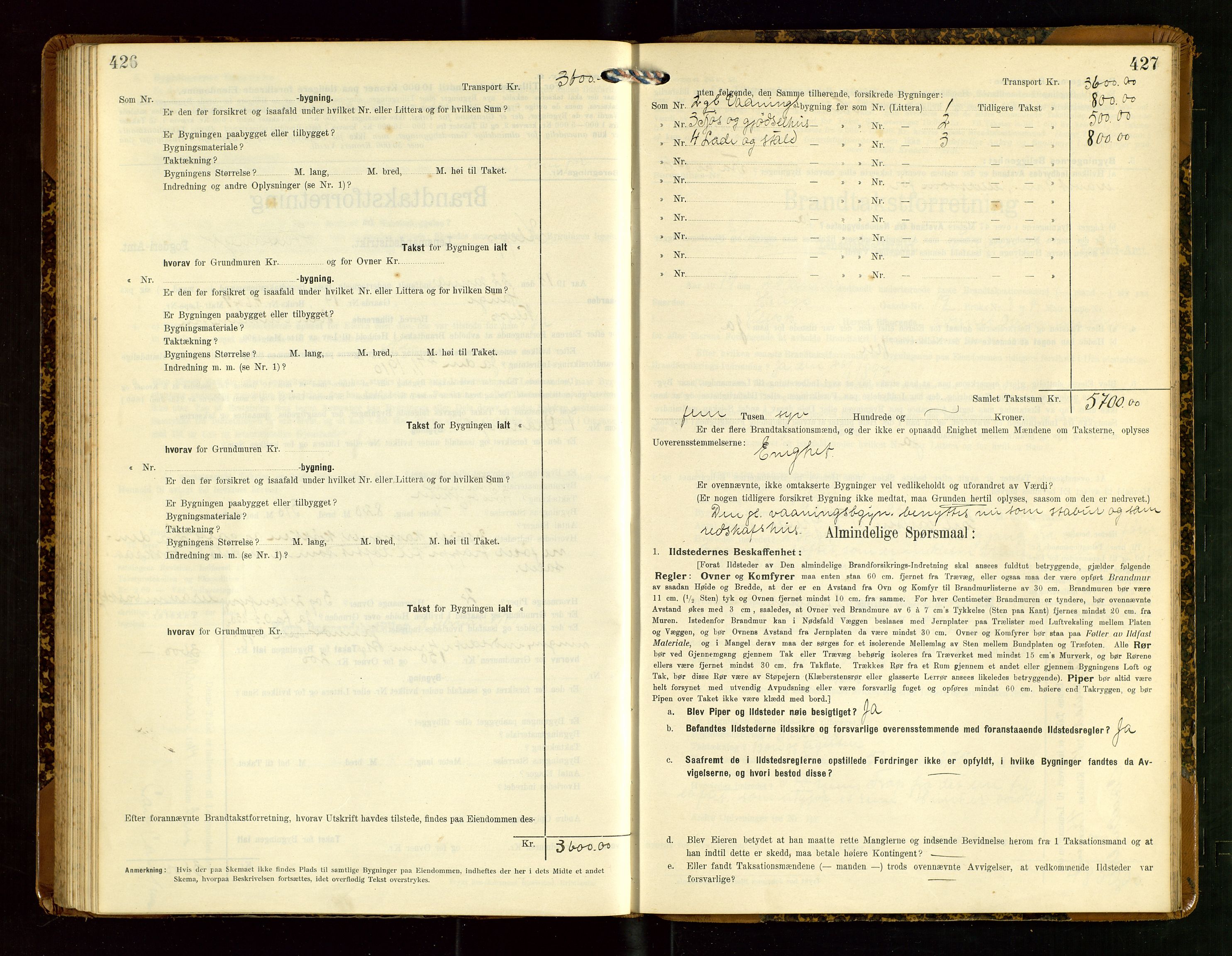 Klepp lensmannskontor, AV/SAST-A-100163/Goc/L0007: "Brandtaxationsprotokol" m/register, 1911-1915, p. 426-427