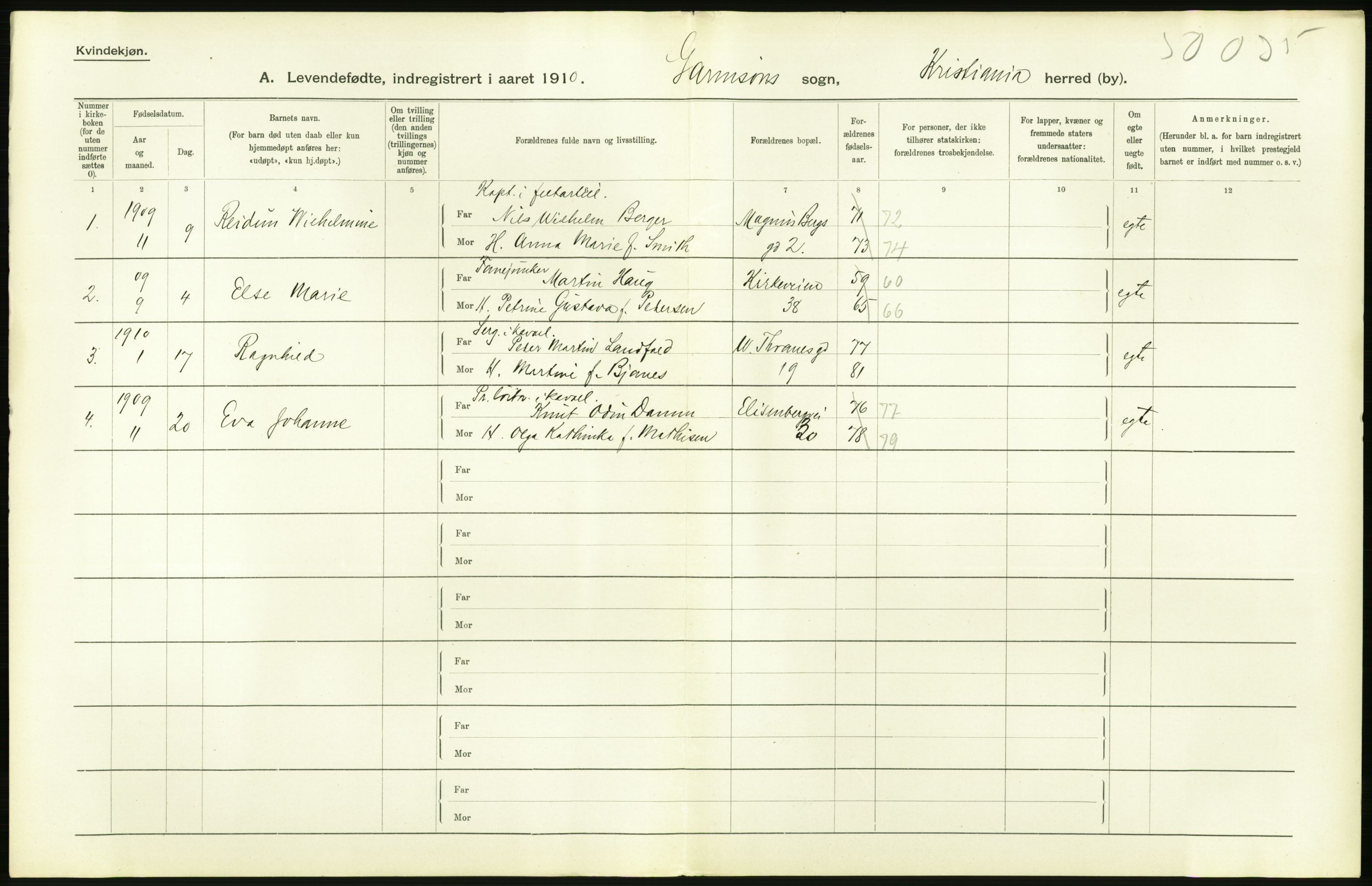 Statistisk sentralbyrå, Sosiodemografiske emner, Befolkning, AV/RA-S-2228/D/Df/Dfa/Dfah/L0007: Kristiania: Levendefødte kvinner., 1910, p. 182