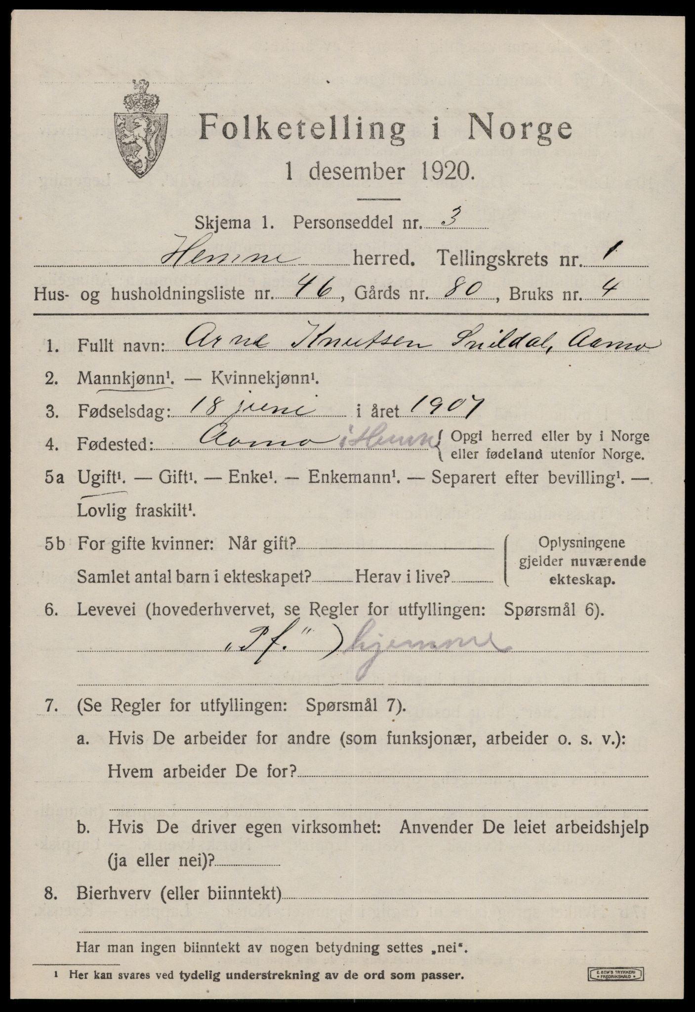 SAT, 1920 census for Hemne, 1920, p. 1802