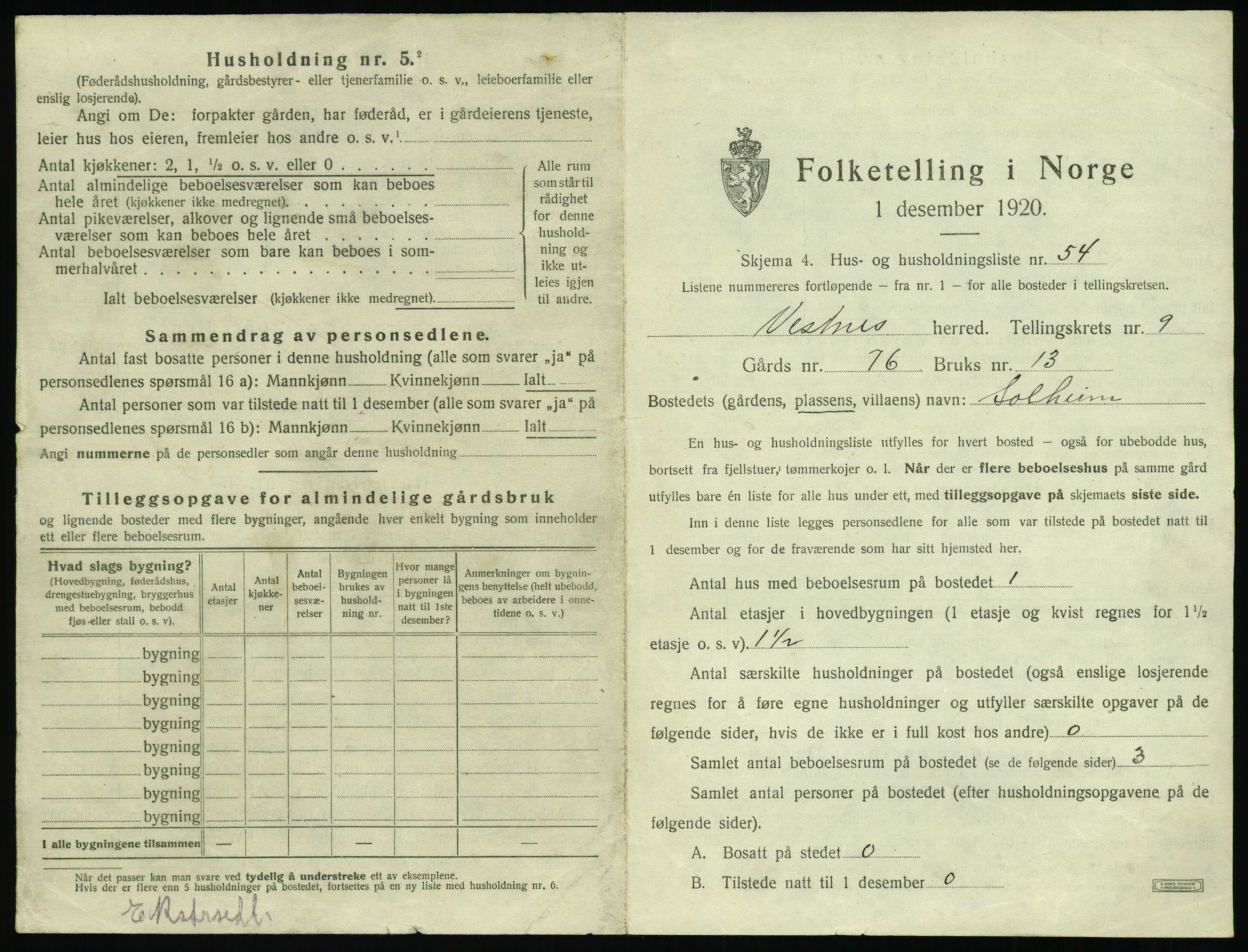 SAT, 1920 census for Vestnes, 1920, p. 1043