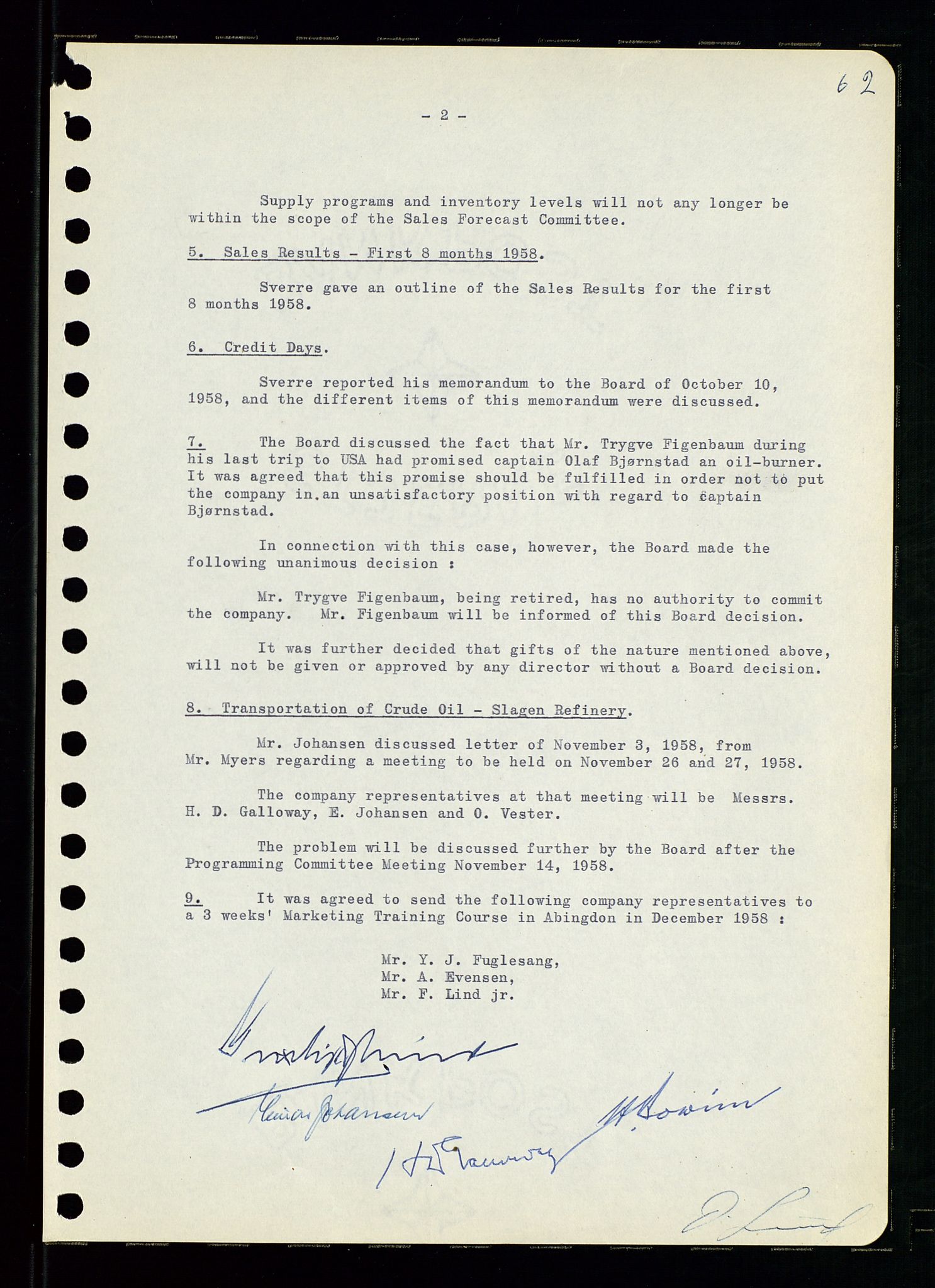 Pa 0982 - Esso Norge A/S, AV/SAST-A-100448/A/Aa/L0001/0001: Den administrerende direksjon Board minutes (styrereferater) / Den administrerende direksjon Board minutes (styrereferater), 1958-1959, p. 62