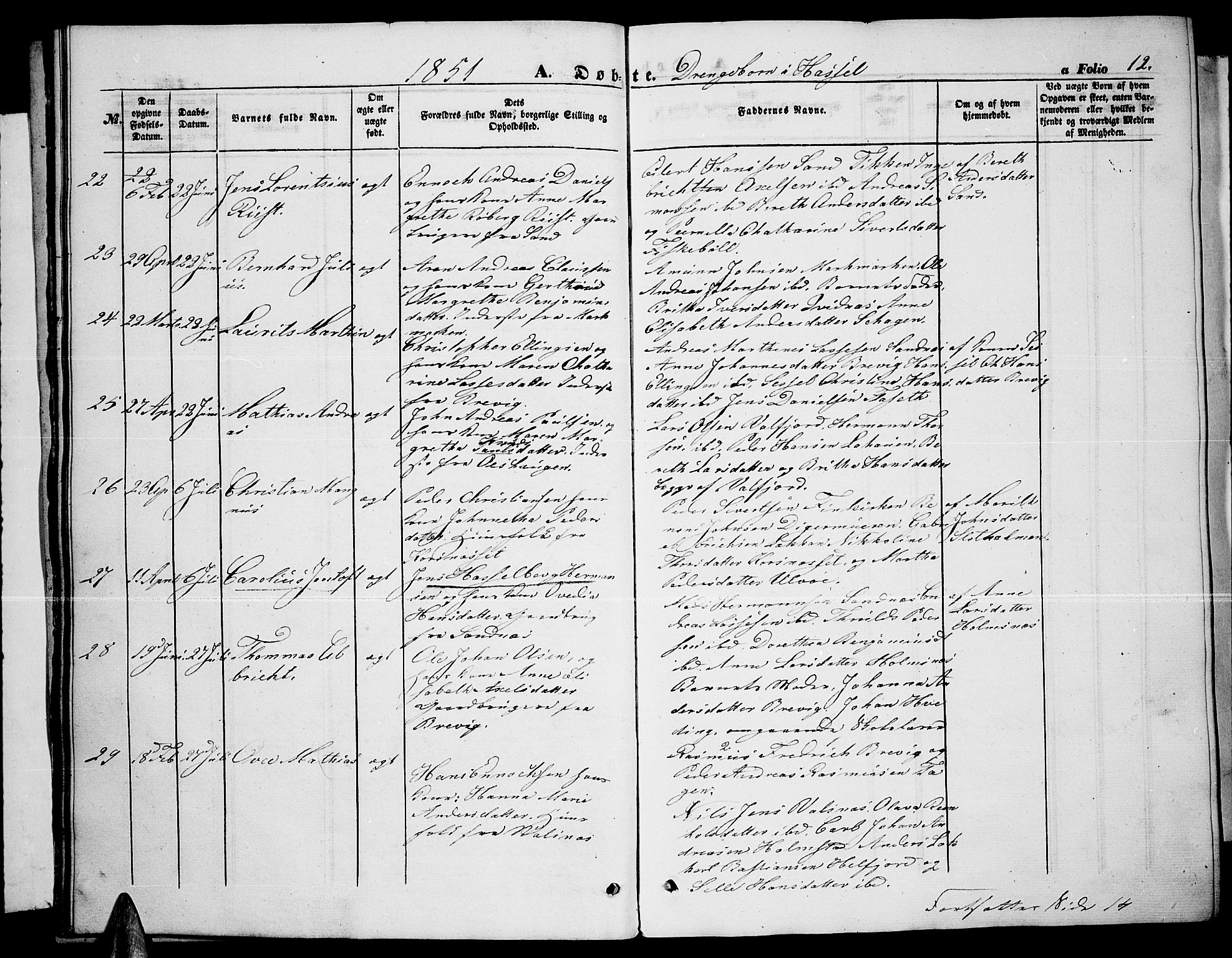 Ministerialprotokoller, klokkerbøker og fødselsregistre - Nordland, AV/SAT-A-1459/888/L1265: Parish register (copy) no. 888C03, 1850-1863, p. 12