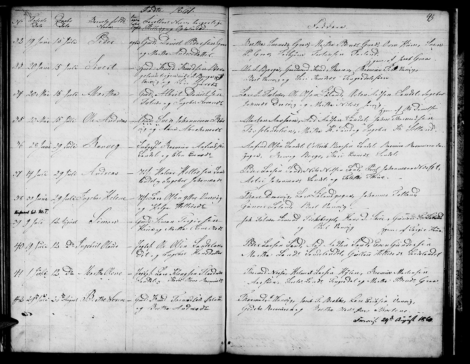 Sand sokneprestkontor, AV/SAST-A-101848/01/IV/L0002: Parish register (copy) no. B 2, 1852-1871, p. 43