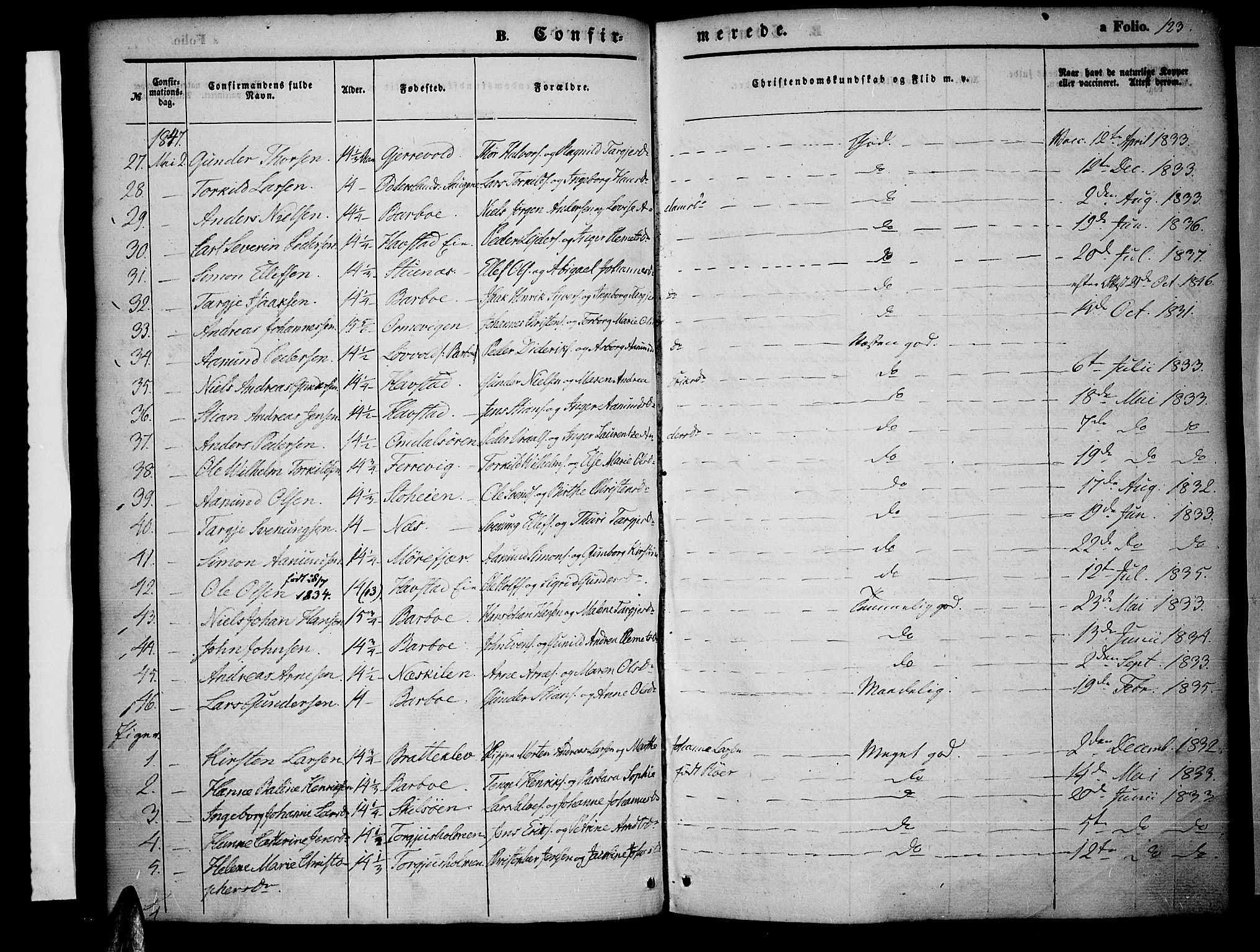 Tromøy sokneprestkontor, SAK/1111-0041/F/Fa/L0005: Parish register (official) no. A 5, 1847-1856, p. 123
