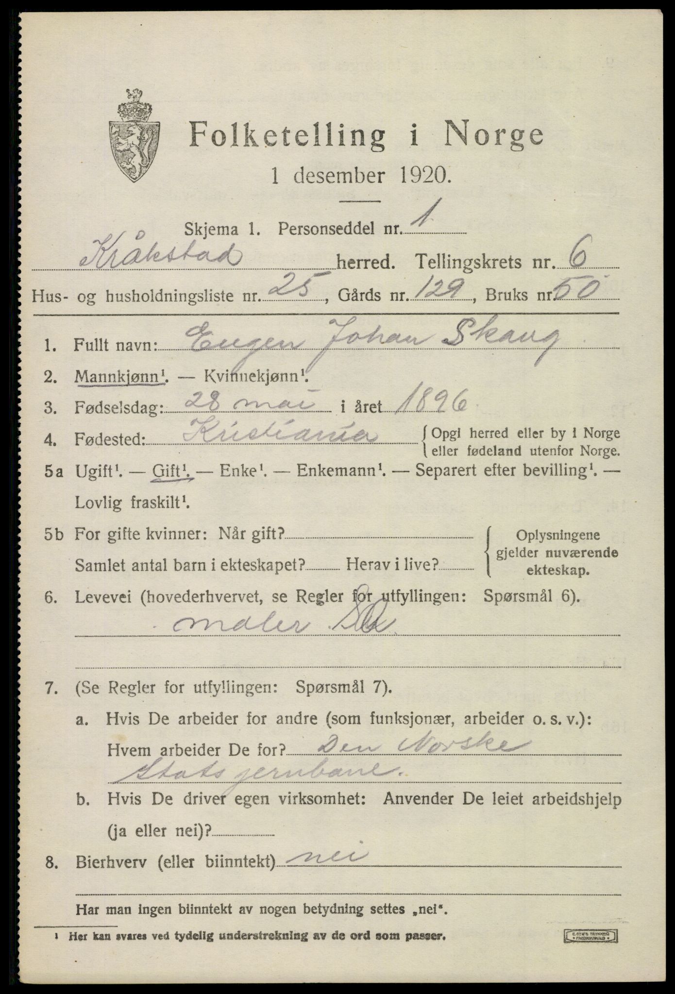 SAO, 1920 census for Kråkstad, 1920, p. 6121