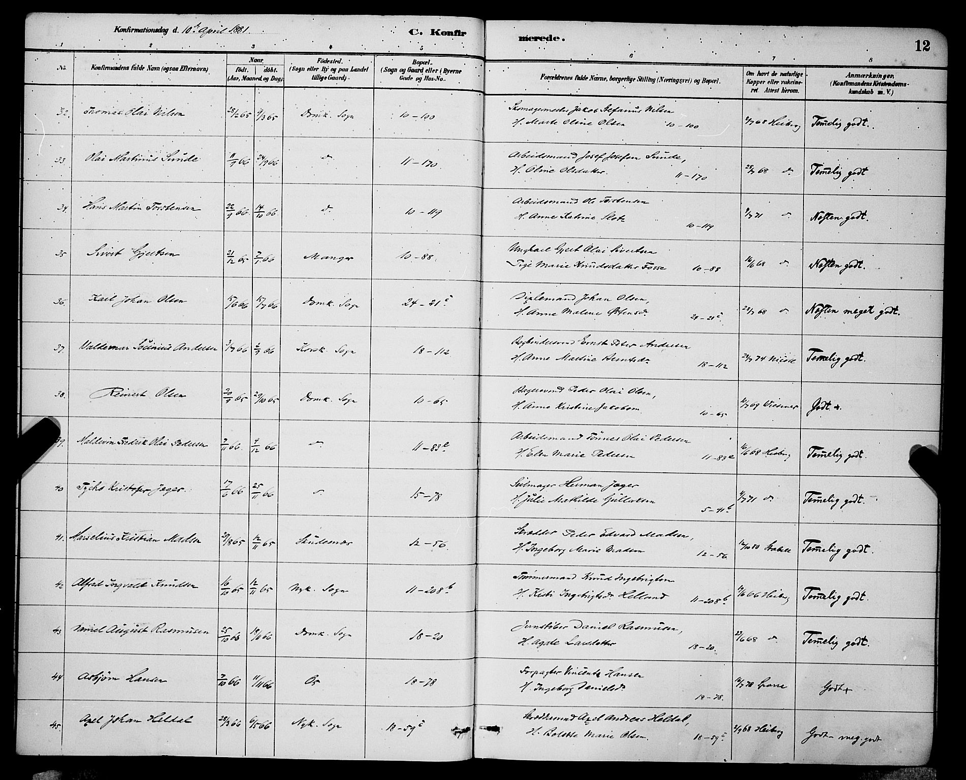 Domkirken sokneprestembete, AV/SAB-A-74801/H/Hab/L0024: Parish register (copy) no. C 4, 1880-1899, p. 12