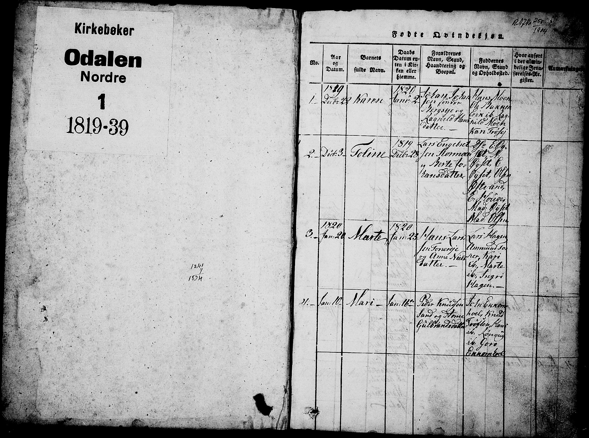 Nord-Odal prestekontor, SAH/PREST-032/H/Ha/Hab/L0001: Parish register (copy) no. 1, 1819-1838, p. 1