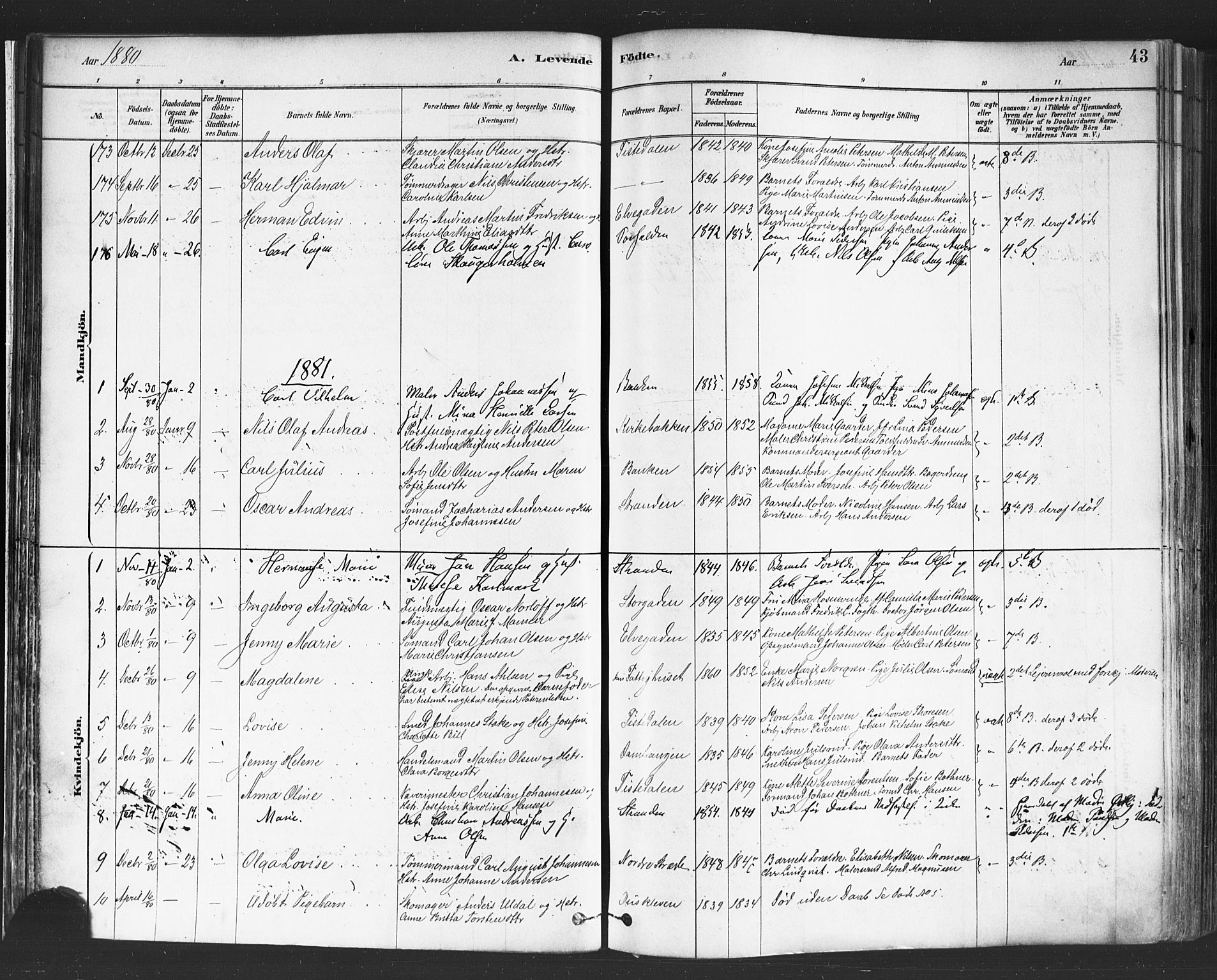 Halden prestekontor Kirkebøker, SAO/A-10909/F/Fa/L0011: Parish register (official) no. I 11, 1878-1889, p. 43