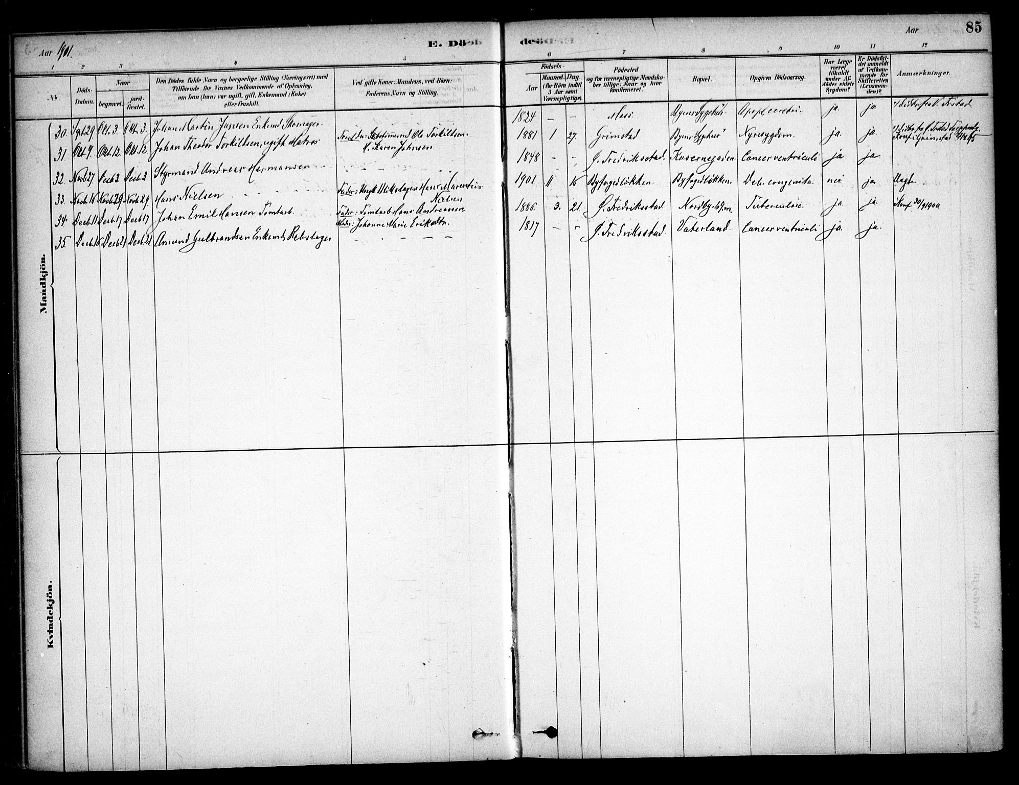 Østre Fredrikstad prestekontor Kirkebøker, AV/SAO-A-10907/F/Fa/L0001: Parish register (official) no. 1, 1878-1982, p. 85