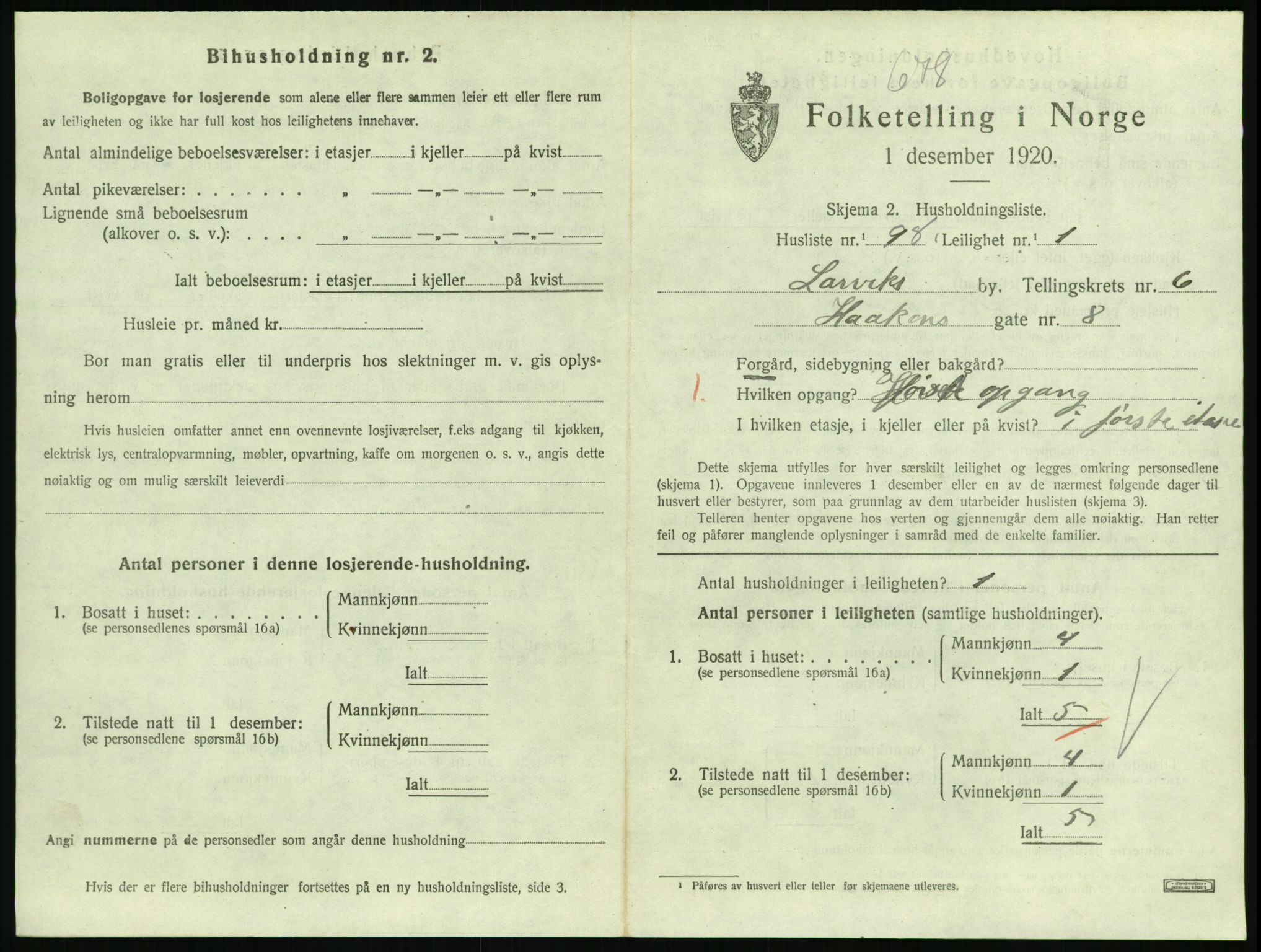 SAKO, 1920 census for Larvik, 1920, p. 5752