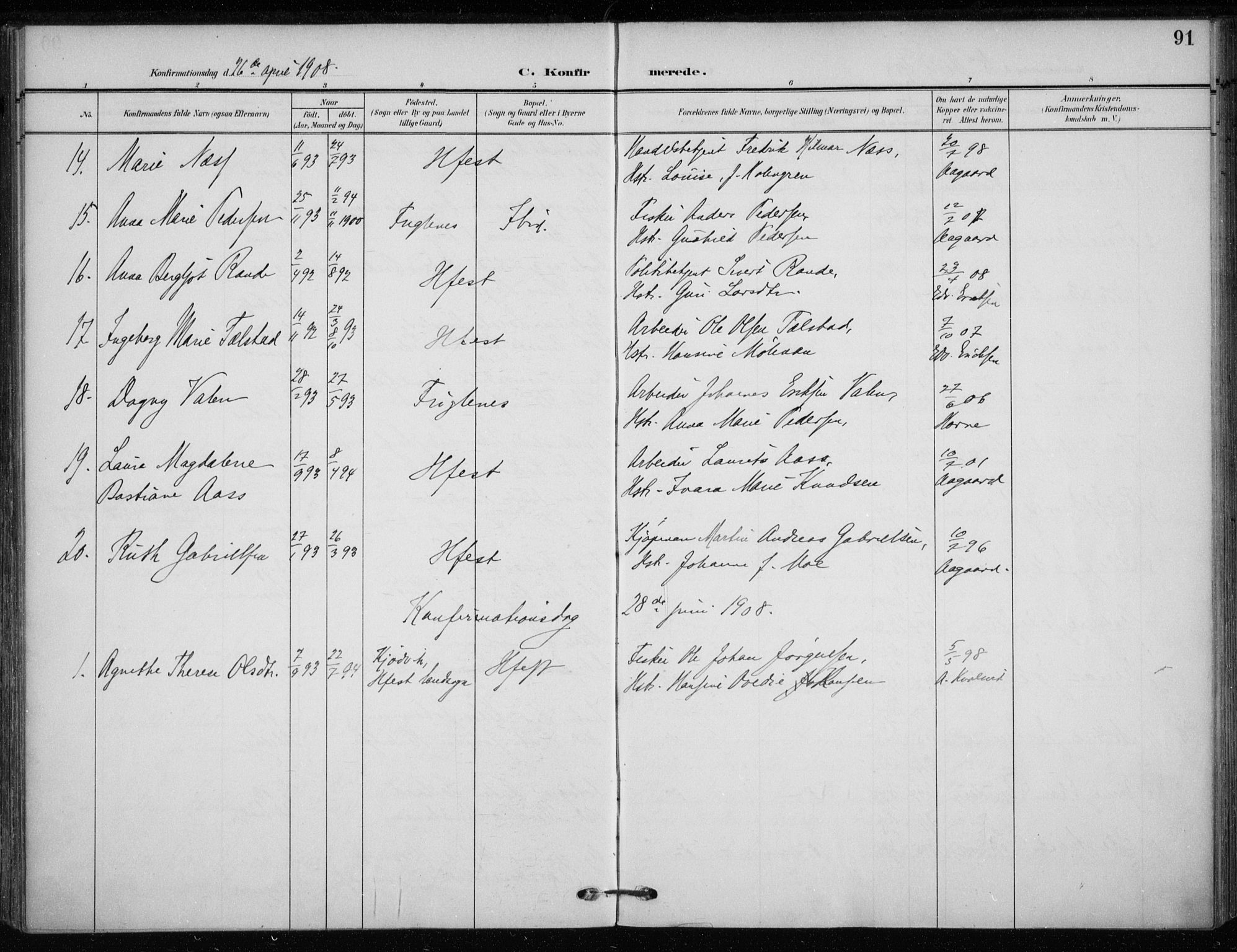 Hammerfest sokneprestkontor, SATØ/S-1347/H/Ha/L0014.kirke: Parish register (official) no. 14, 1906-1916, p. 91