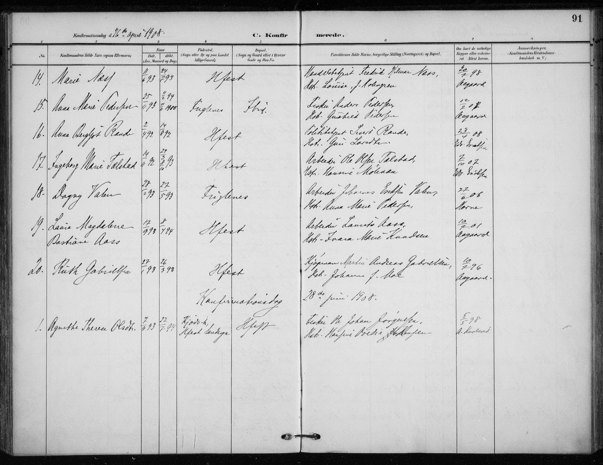 Hammerfest sokneprestkontor, AV/SATØ-S-1347/H/Ha/L0014.kirke: Parish register (official) no. 14, 1906-1916, p. 91