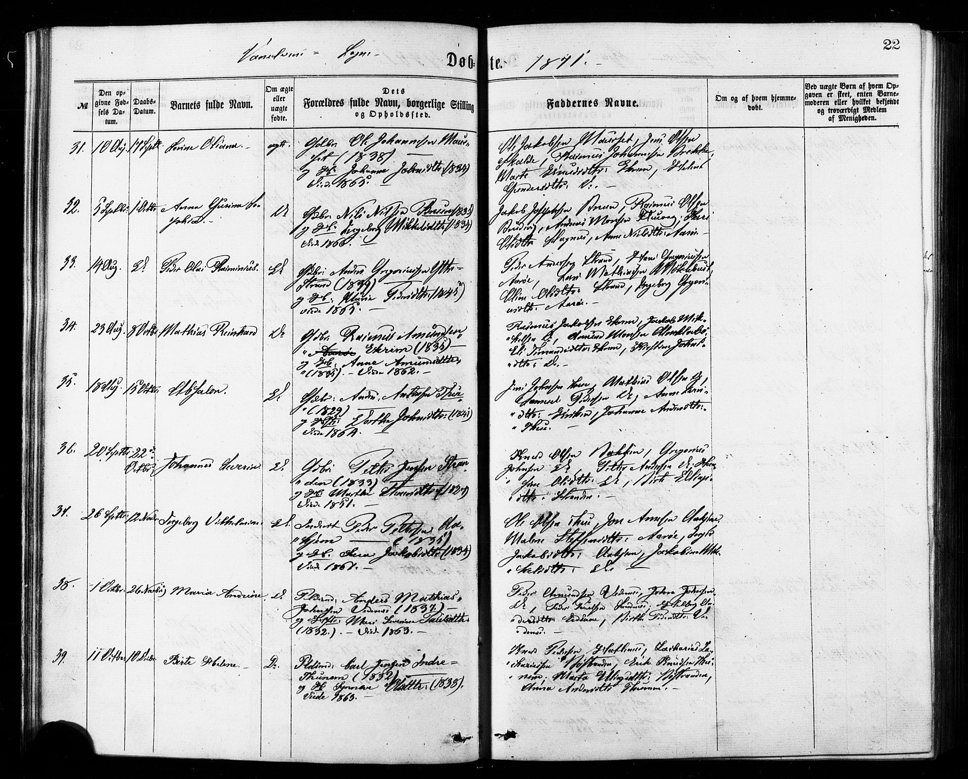 Ministerialprotokoller, klokkerbøker og fødselsregistre - Møre og Romsdal, SAT/A-1454/501/L0007: Parish register (official) no. 501A07, 1868-1884, p. 22