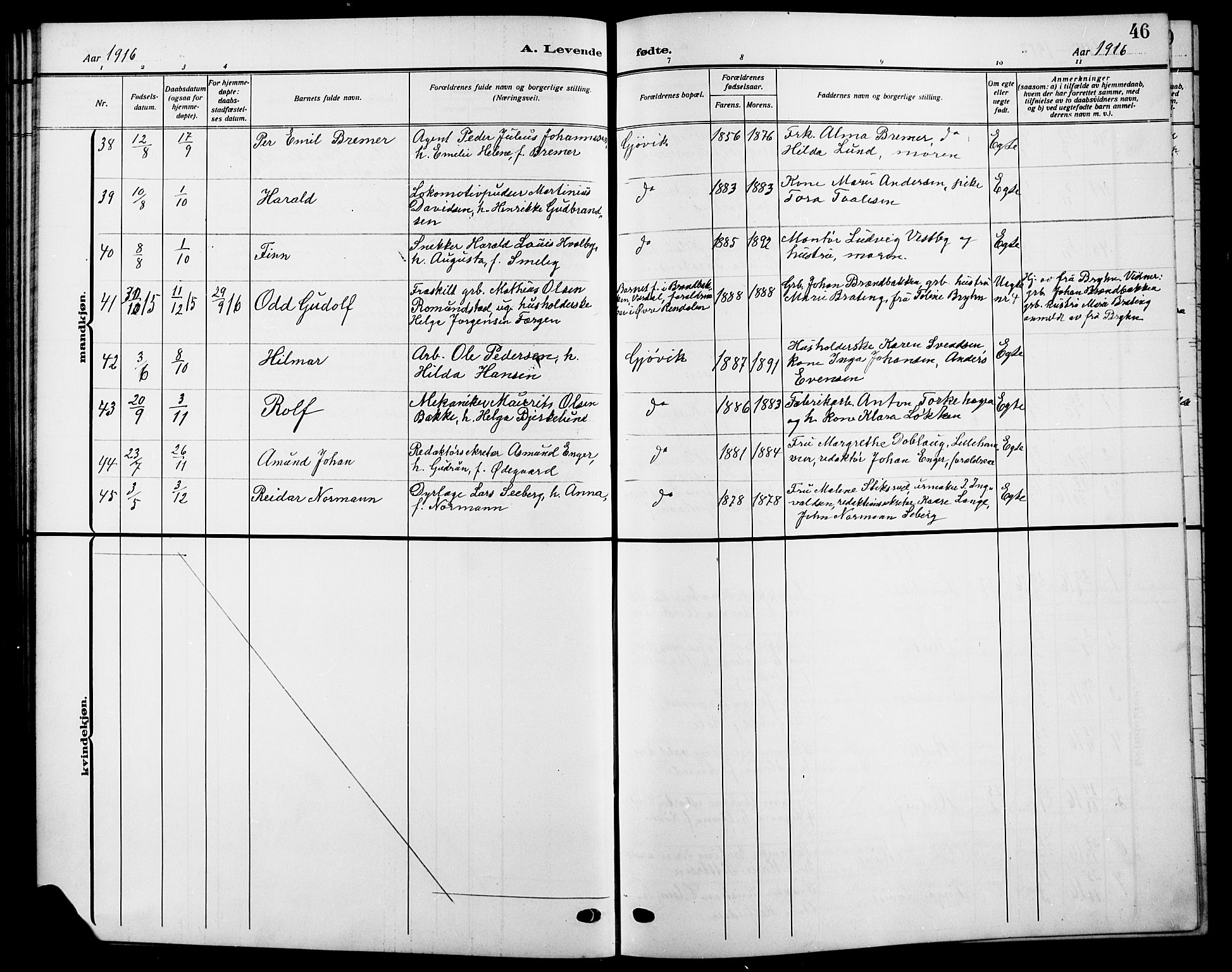 Vardal prestekontor, SAH/PREST-100/H/Ha/Hab/L0014: Parish register (copy) no. 14, 1911-1922, p. 46