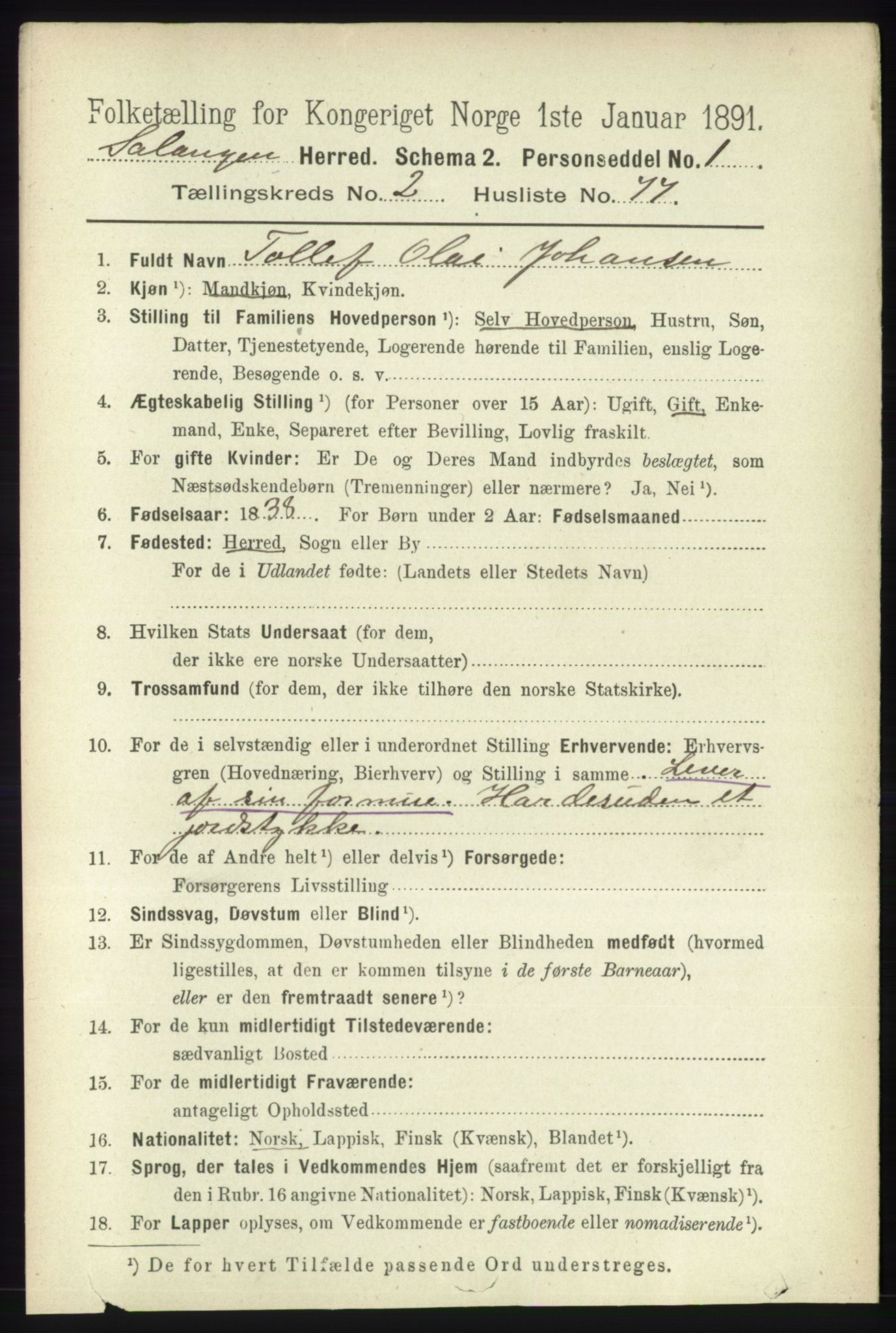 RA, 1891 census for 1921 Salangen, 1891, p. 1141