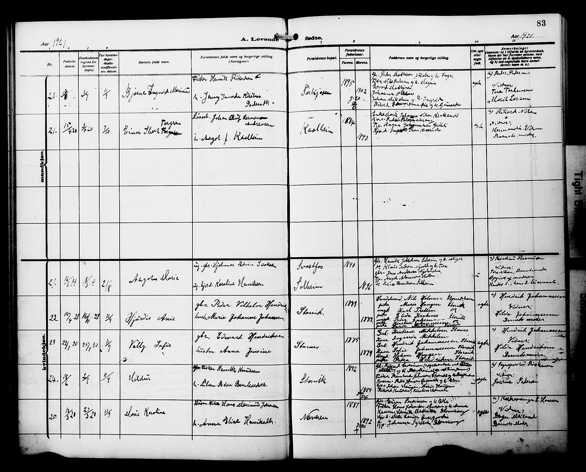 Skjervøy sokneprestkontor, AV/SATØ-S-1300/H/Ha/Hab/L0022klokker: Parish register (copy) no. 22, 1910-1926, p. 83