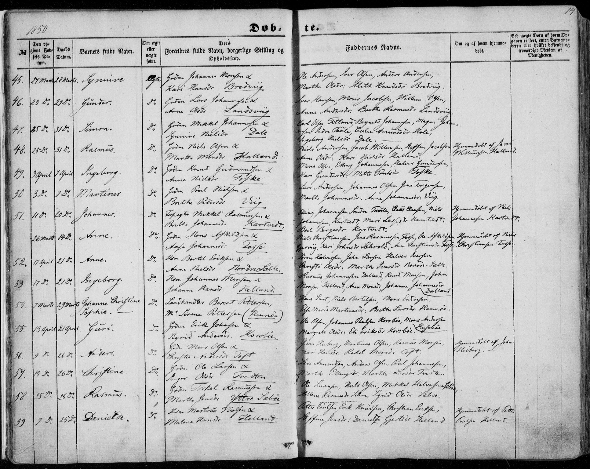 Manger sokneprestembete, SAB/A-76801/H/Haa: Parish register (official) no. A 6, 1849-1859, p. 14