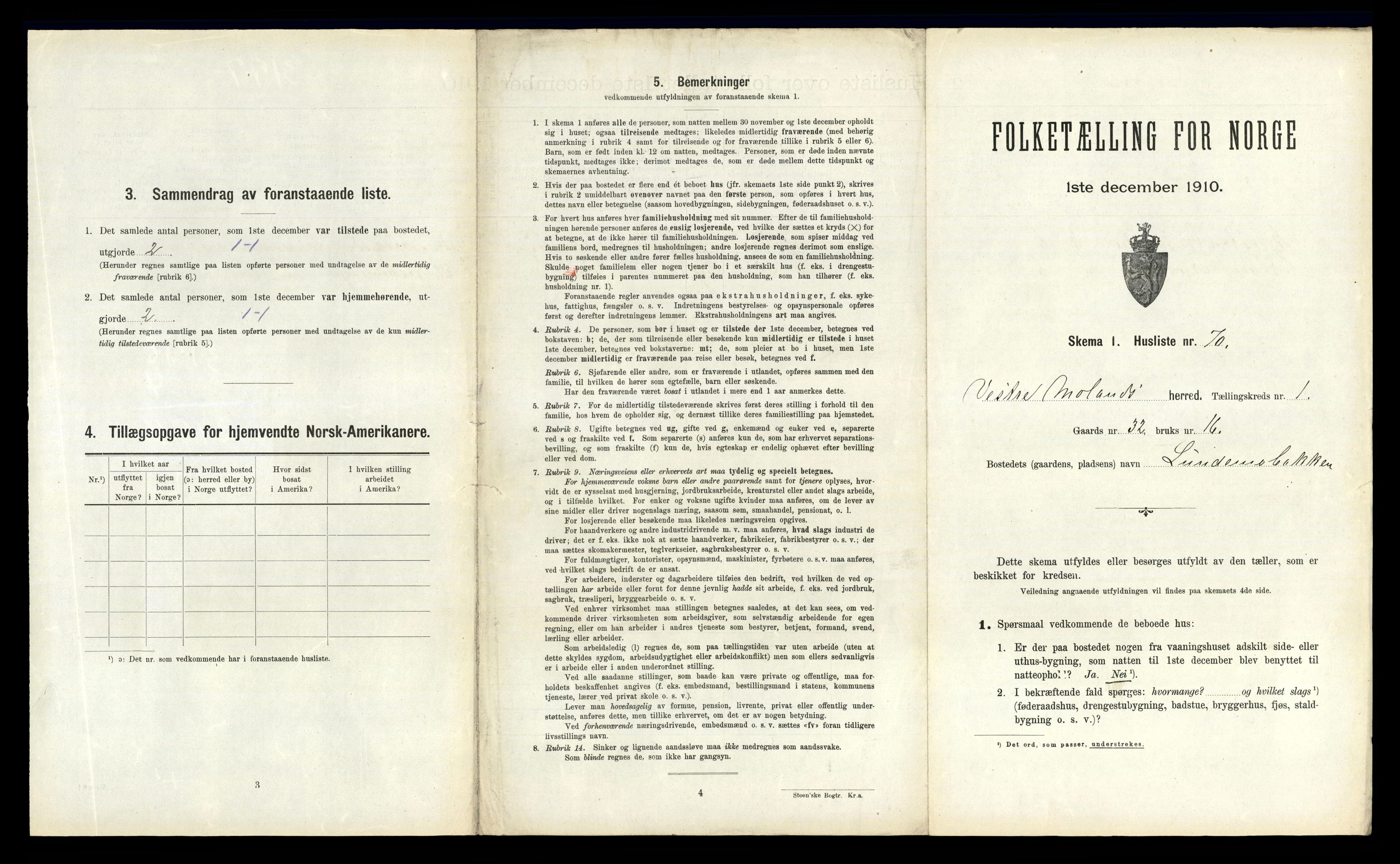 RA, 1910 census for Vestre Moland, 1910, p. 180