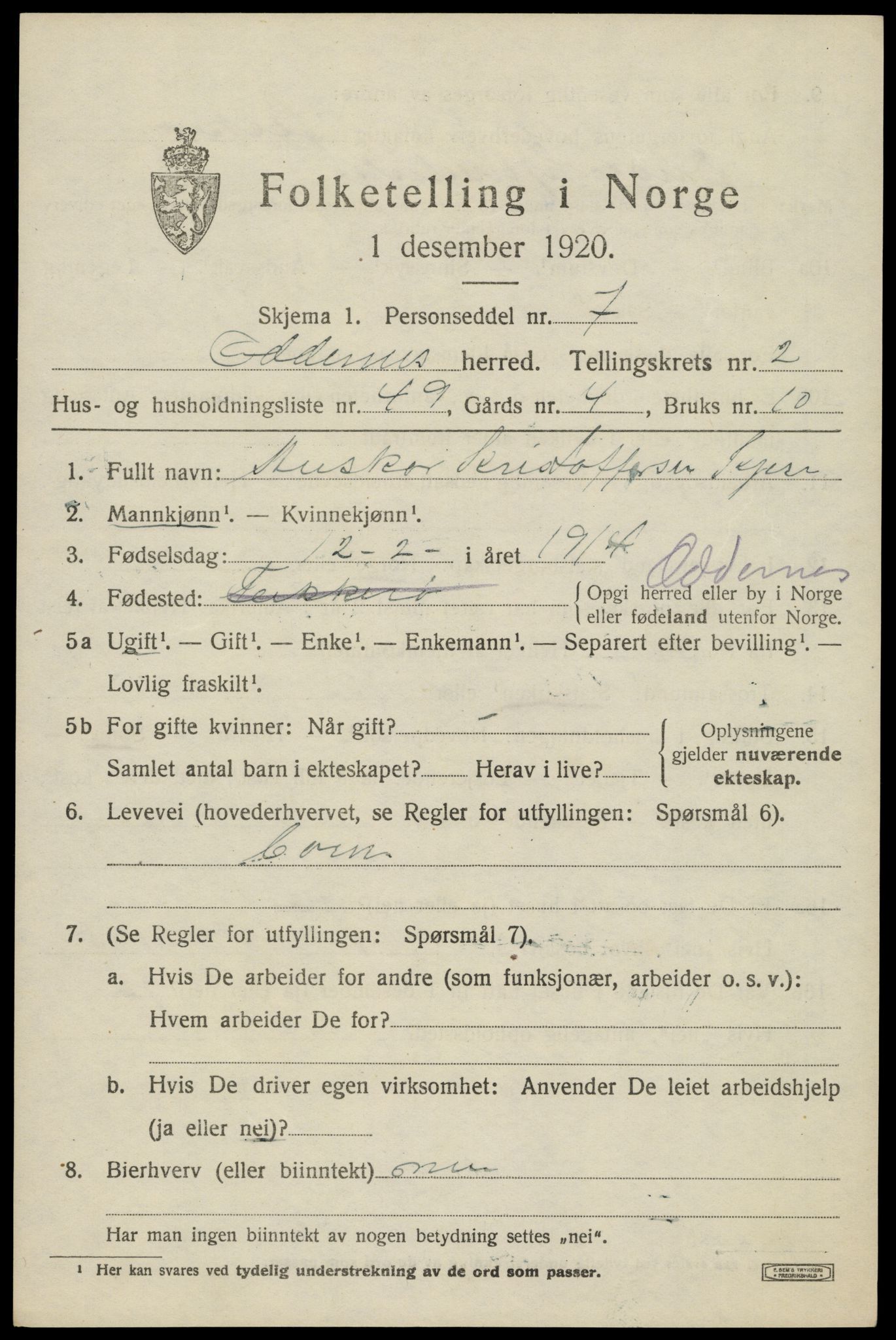 SAK, 1920 census for Oddernes, 1920, p. 3337
